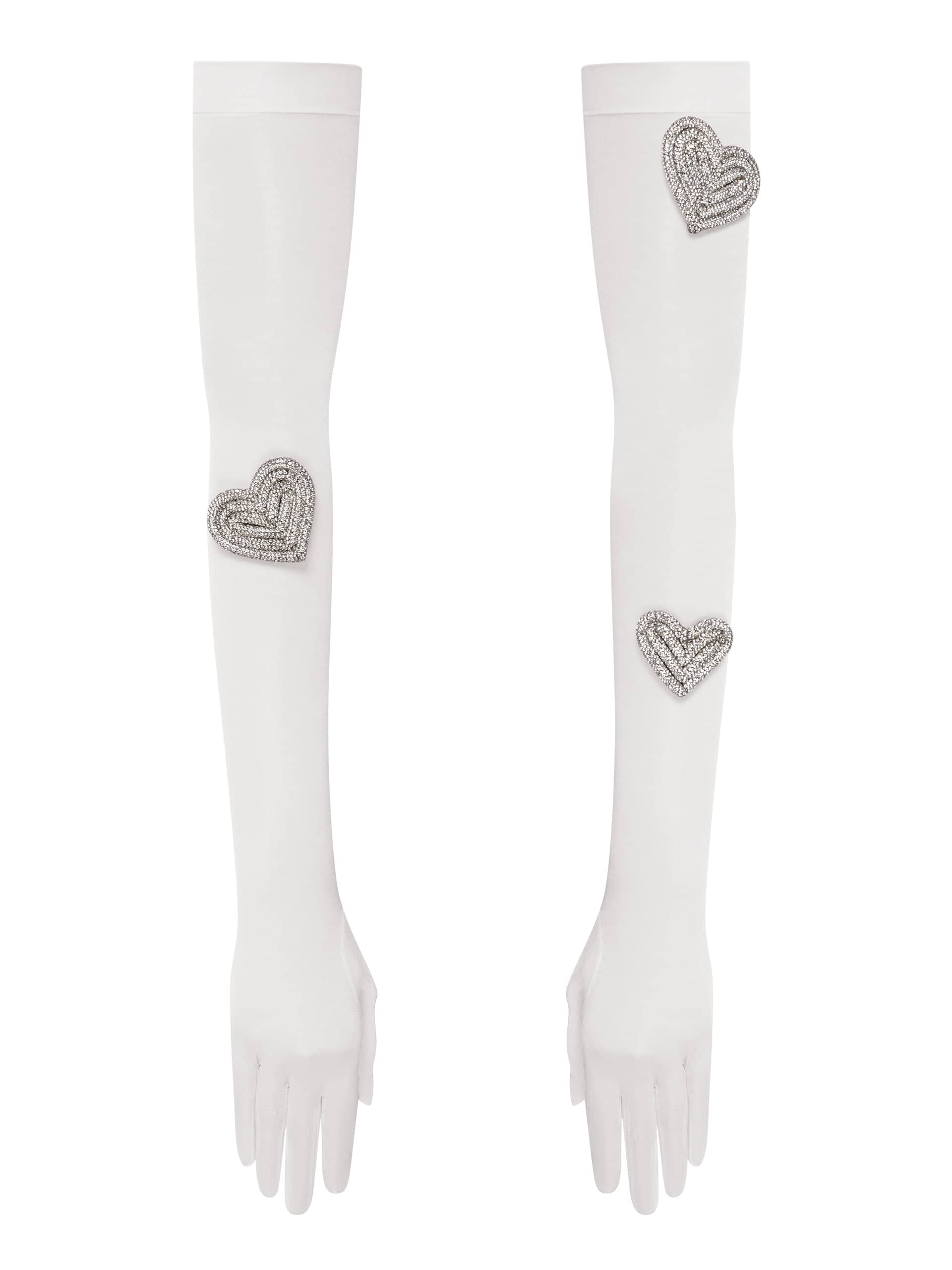 Heart-embellished opera-length gloves in White made by NDS The Label