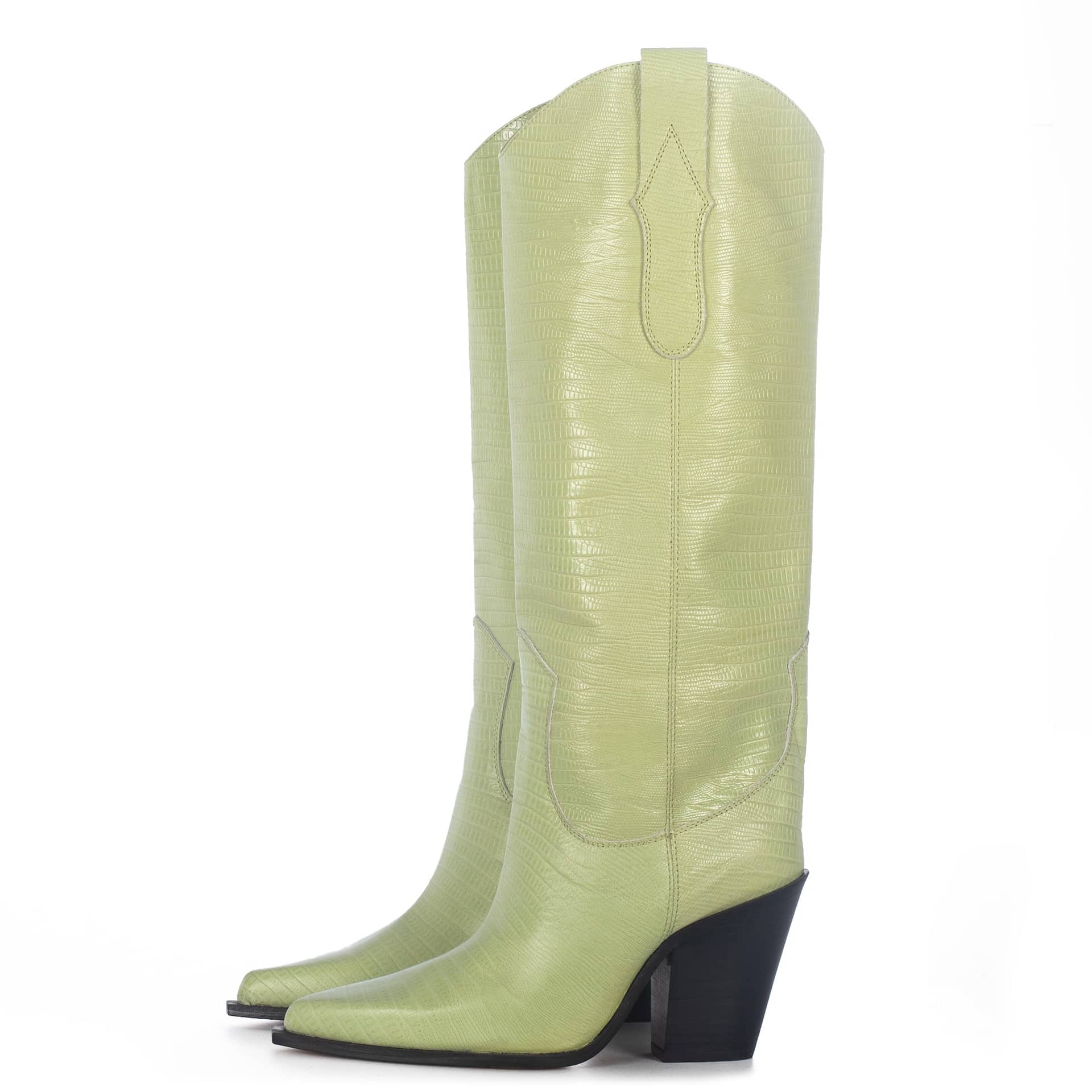 ANA GREEN ANIMAL PRINT TALL BOOTS in Green made by Toral