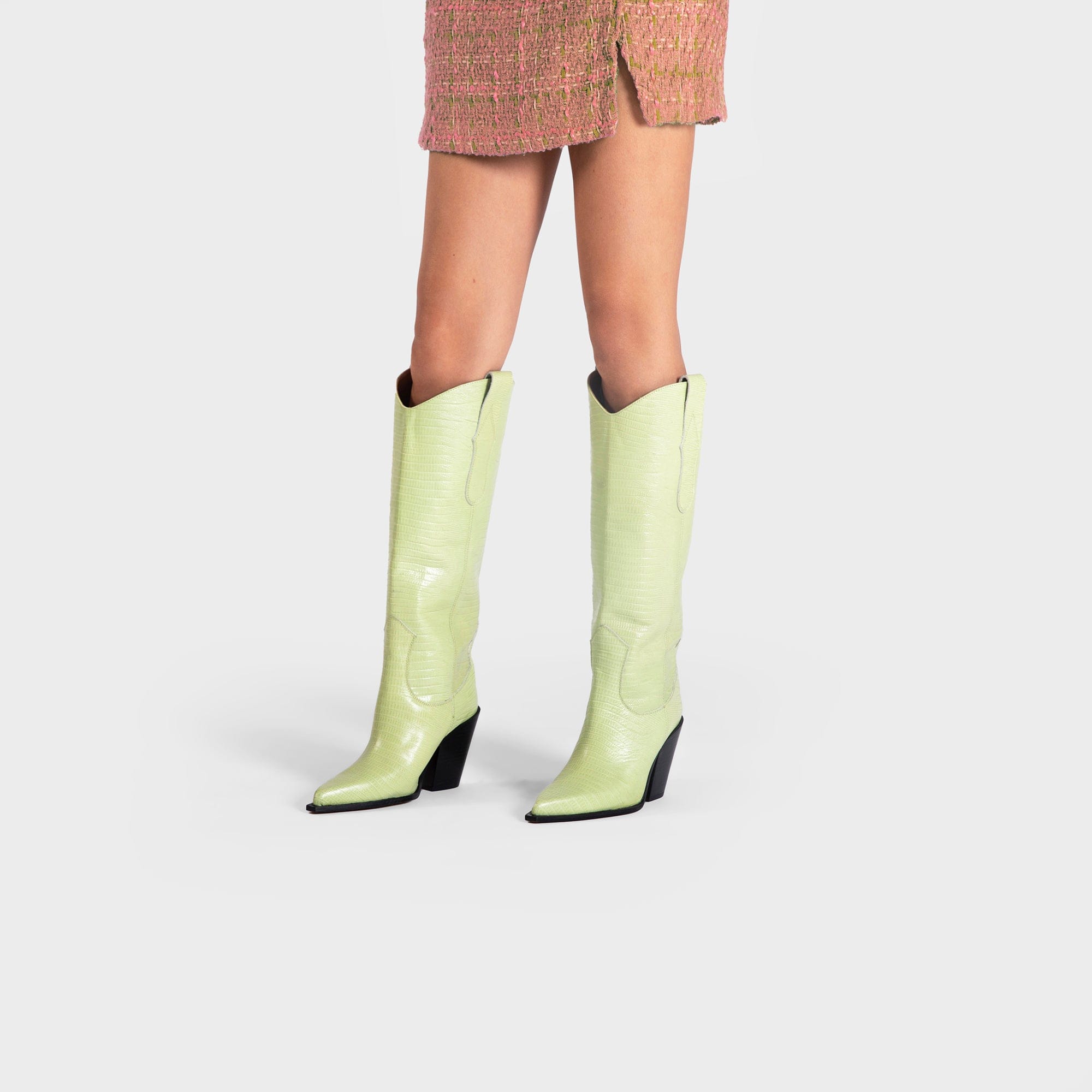 ANA GREEN ANIMAL PRINT TALL BOOTS in Green made by Toral