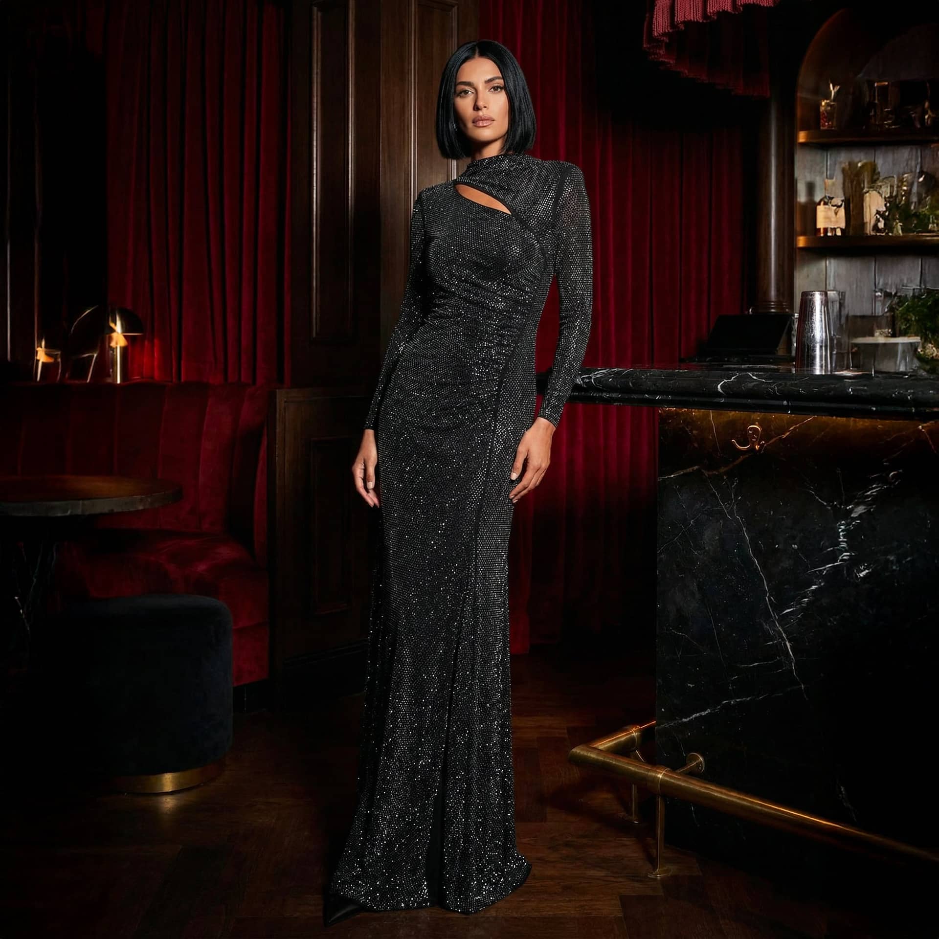 Black Crystals Draped Dress made by Daniele Morena