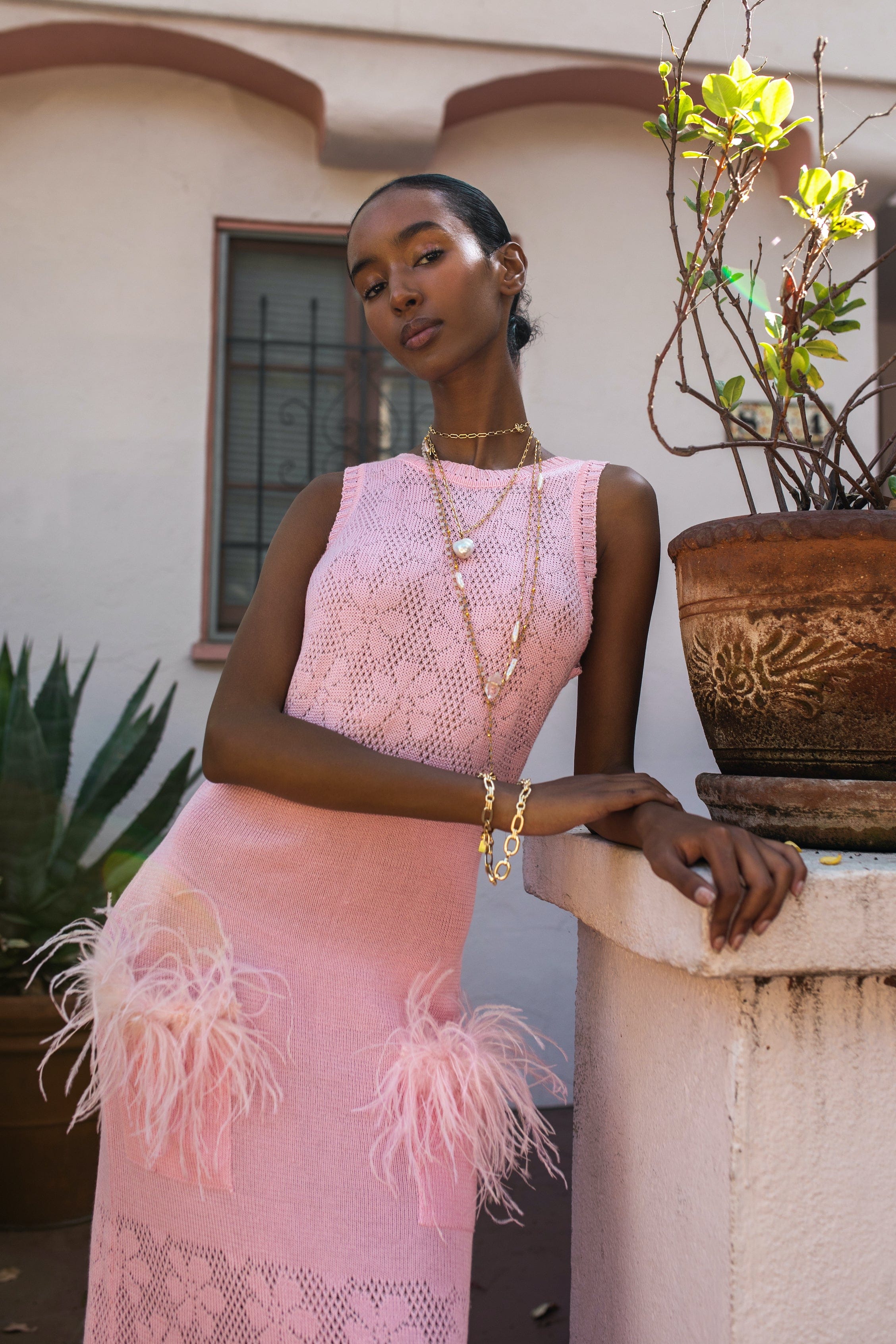 Pink Rose Knit Dress With Feathers made by ANDREEVA
