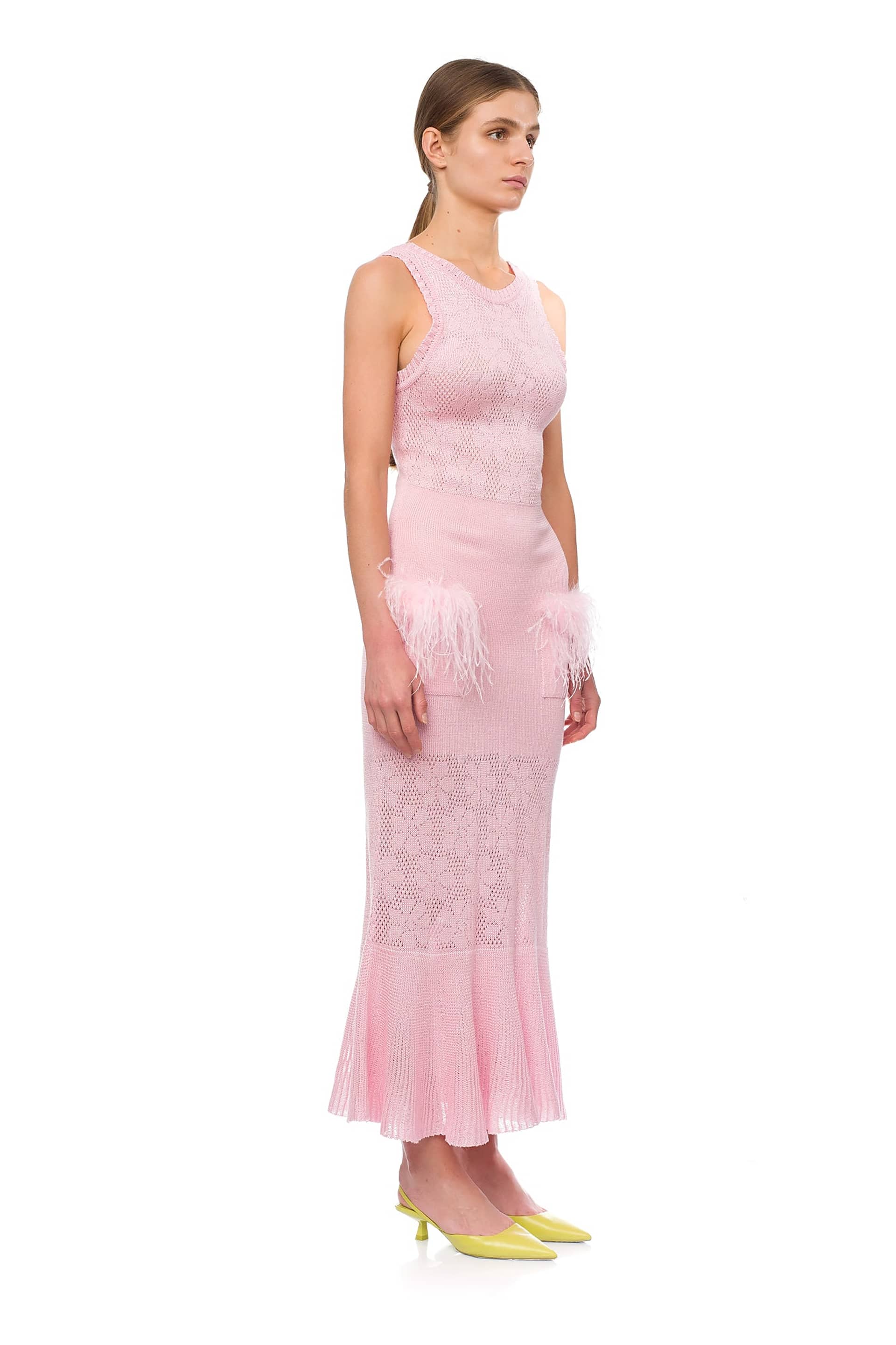 Pink Rose Knit Dress With Feathers made by ANDREEVA