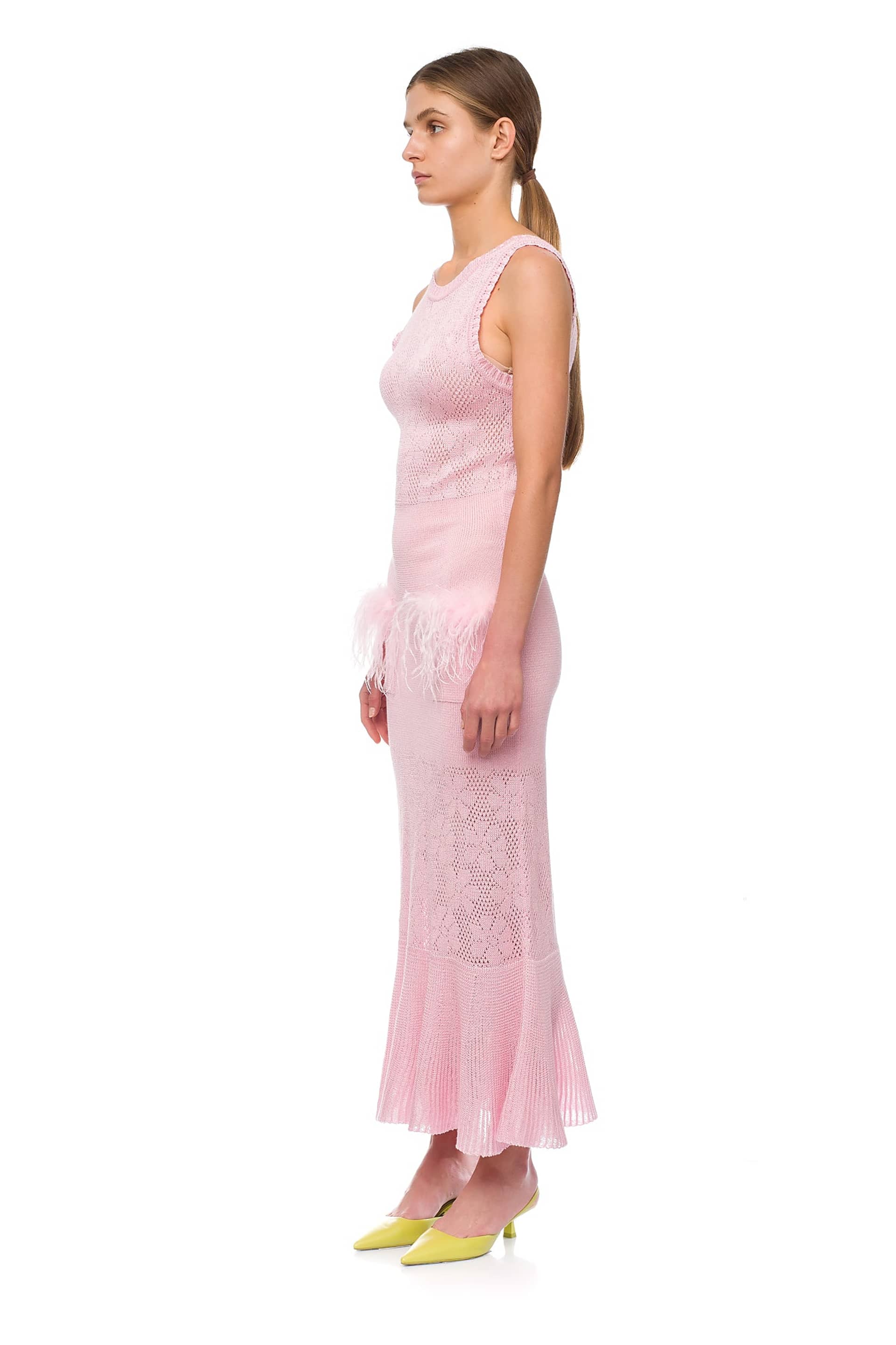 Pink Rose Knit Dress With Feathers made by ANDREEVA