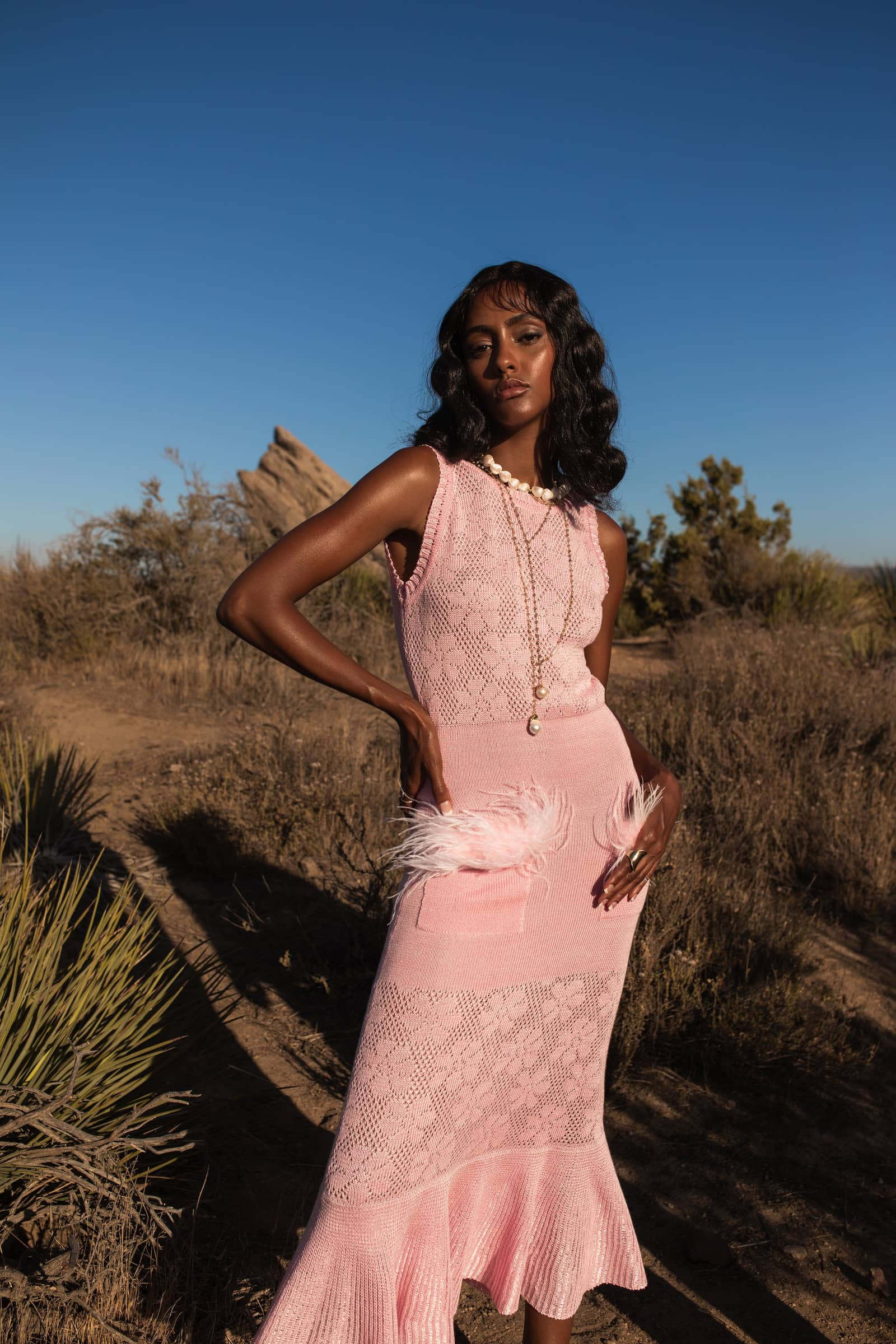 Pink Rose Knit Dress With Feathers made by ANDREEVA