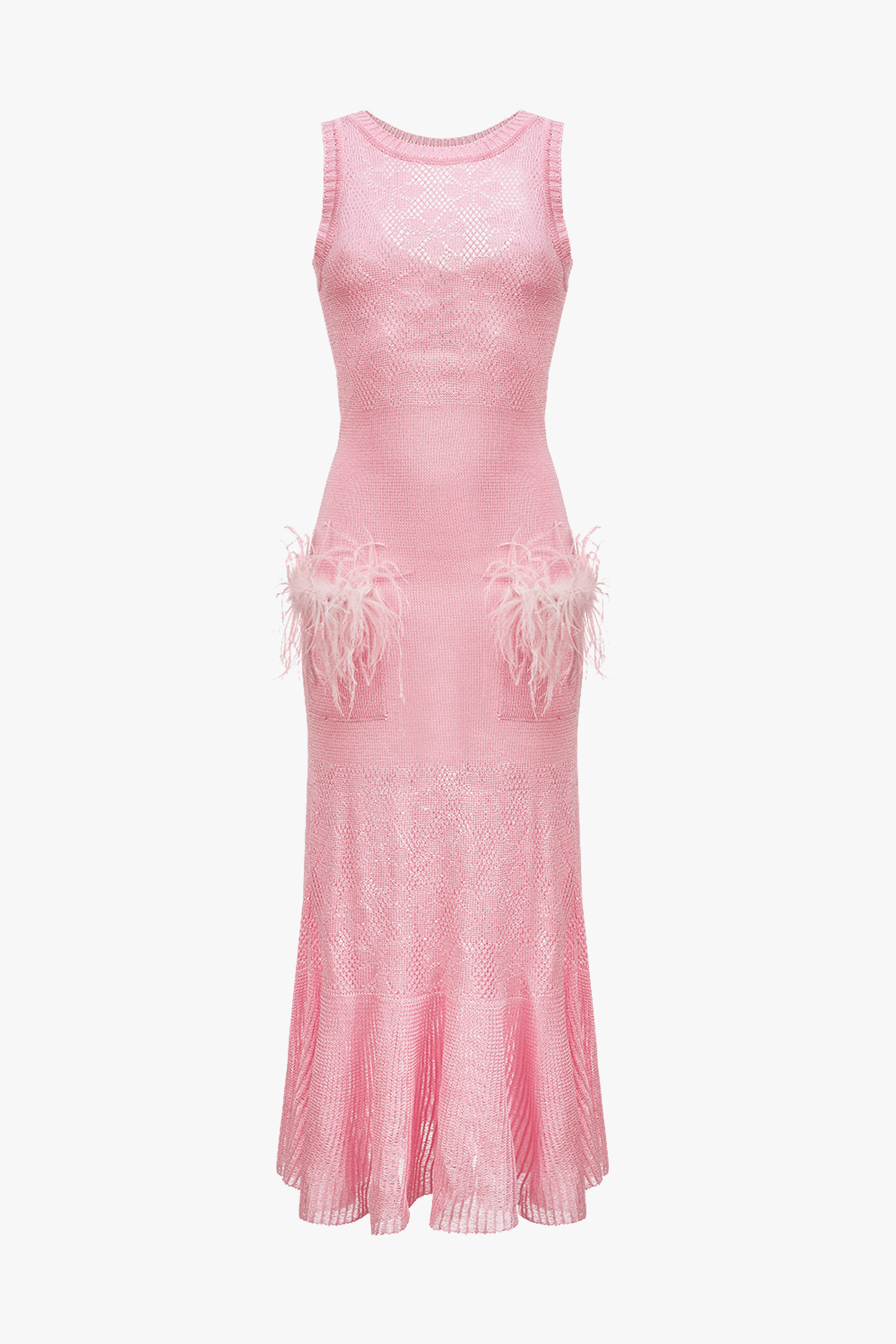 Pink Rose Knit Dress With Feathers made by ANDREEVA