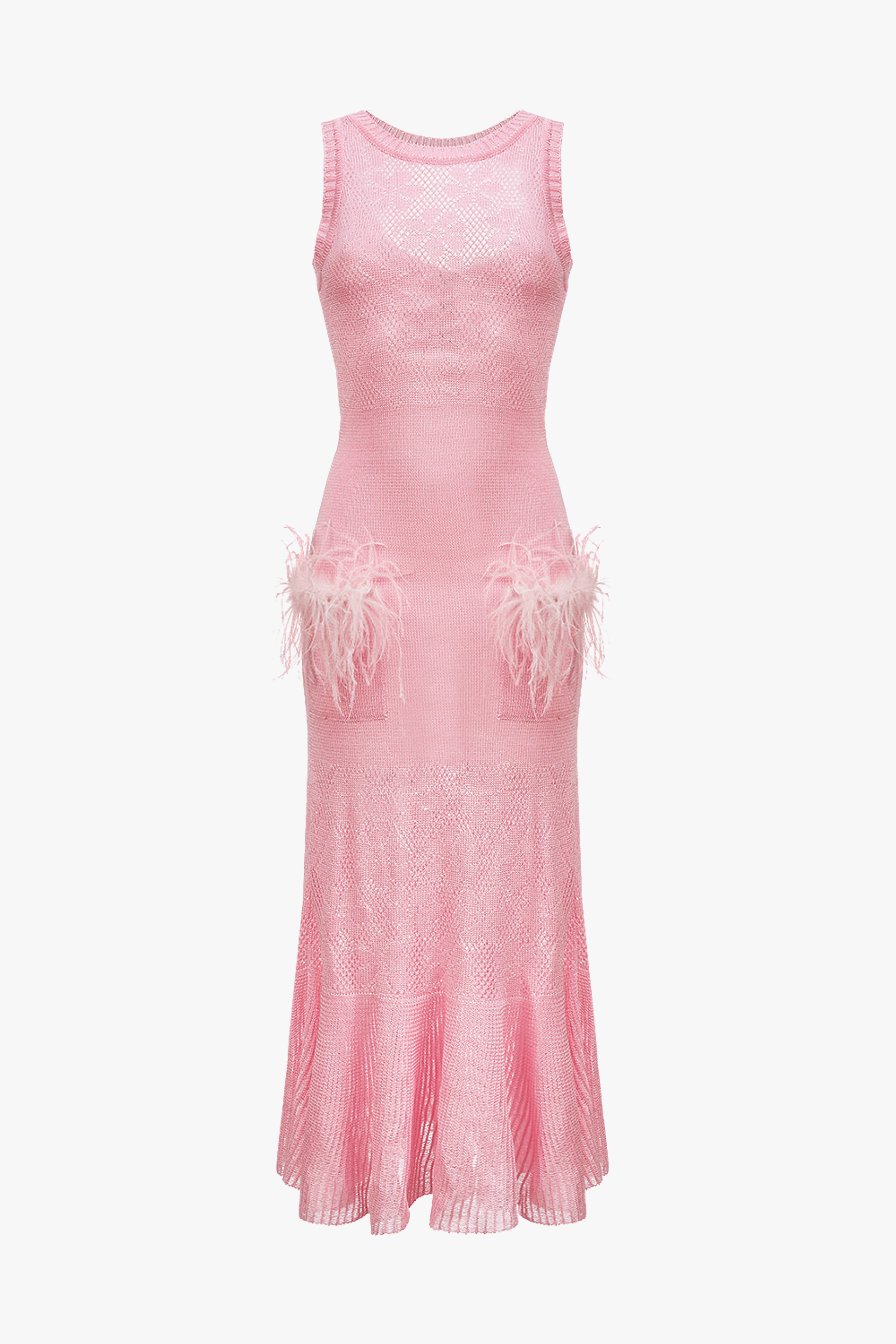 Pink Rose Knit Dress With Feathers made by ANDREEVA