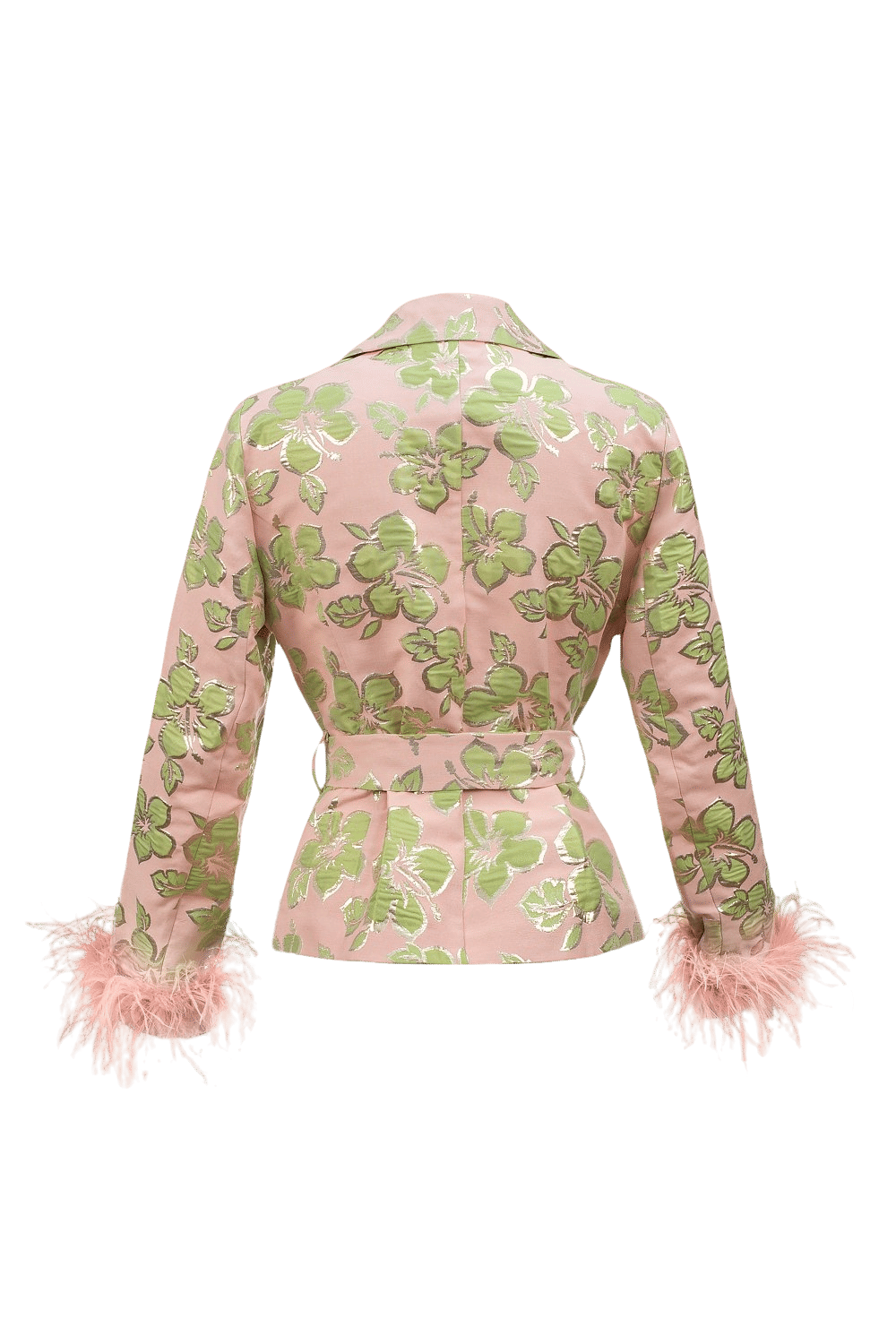 Pink Jacquard Jacket №19 with detachable feather cuffs made by ANDREEVA