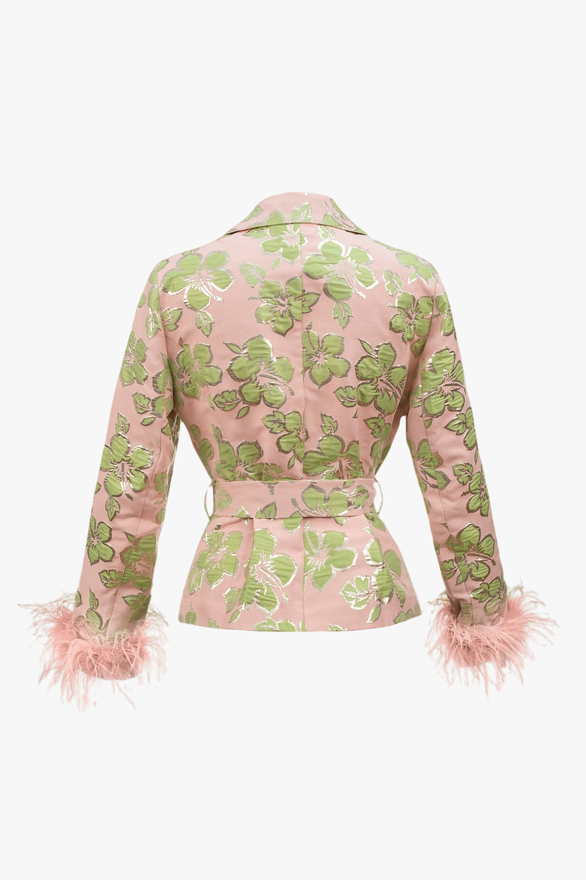 Pink Jacquard Jacket №19 with detachable feather cuffs made by ANDREEVA