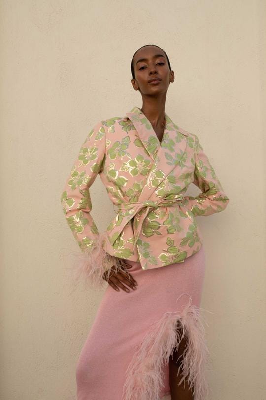Pink Jacquard Jacket №19 with detachable feather cuffs made by ANDREEVA