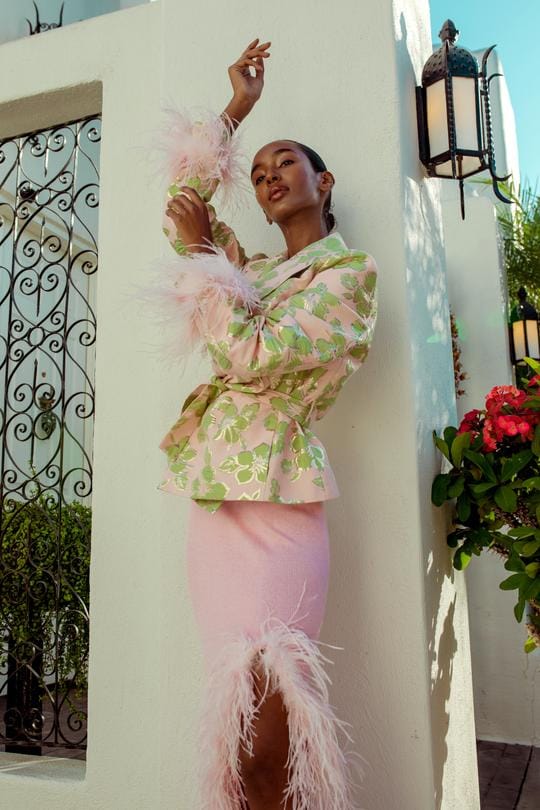 Pink Jacquard Jacket №19 with detachable feather cuffs made by ANDREEVA