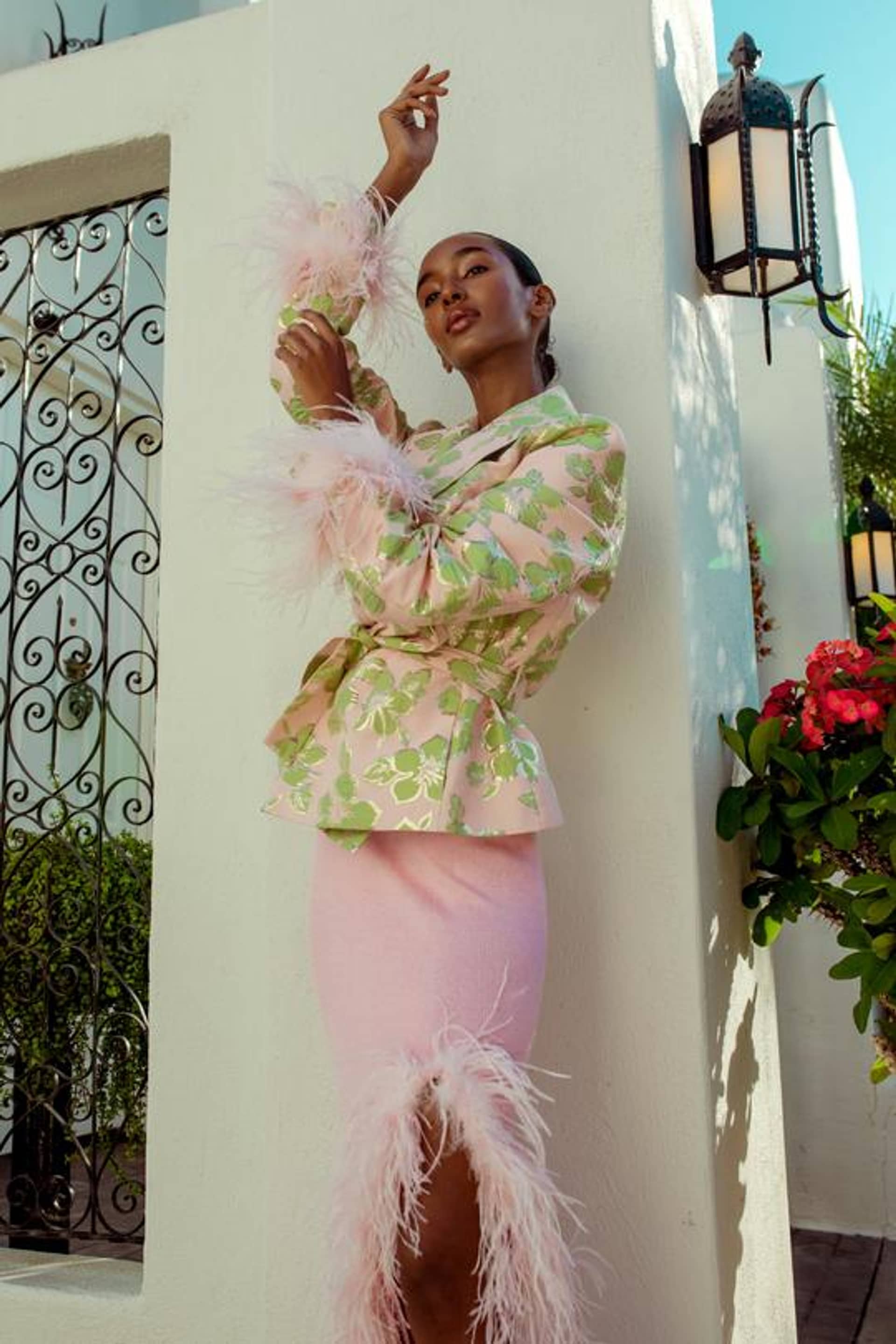 Pink Jacquard Jacket №19 with detachable feather cuffs made by ANDREEVA