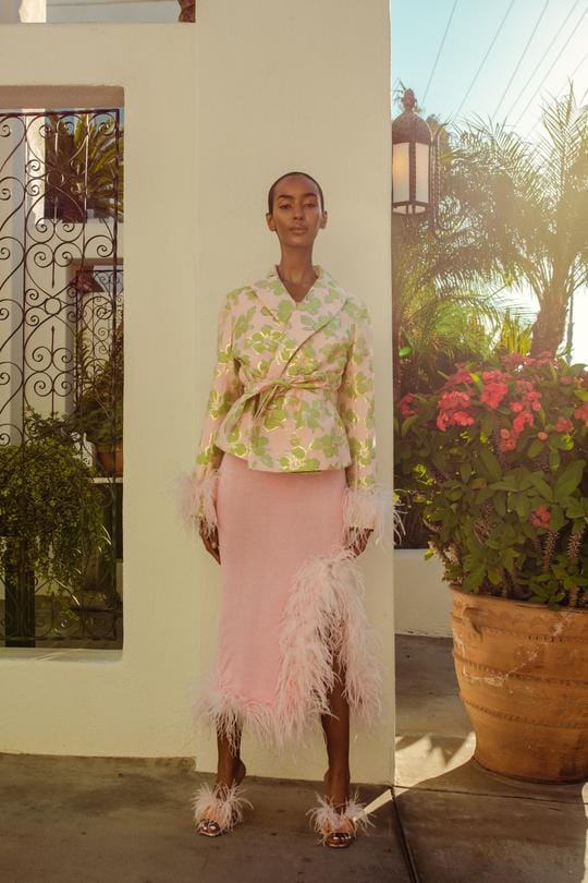 Pink Jacquard Jacket №19 with detachable feather cuffs made by ANDREEVA