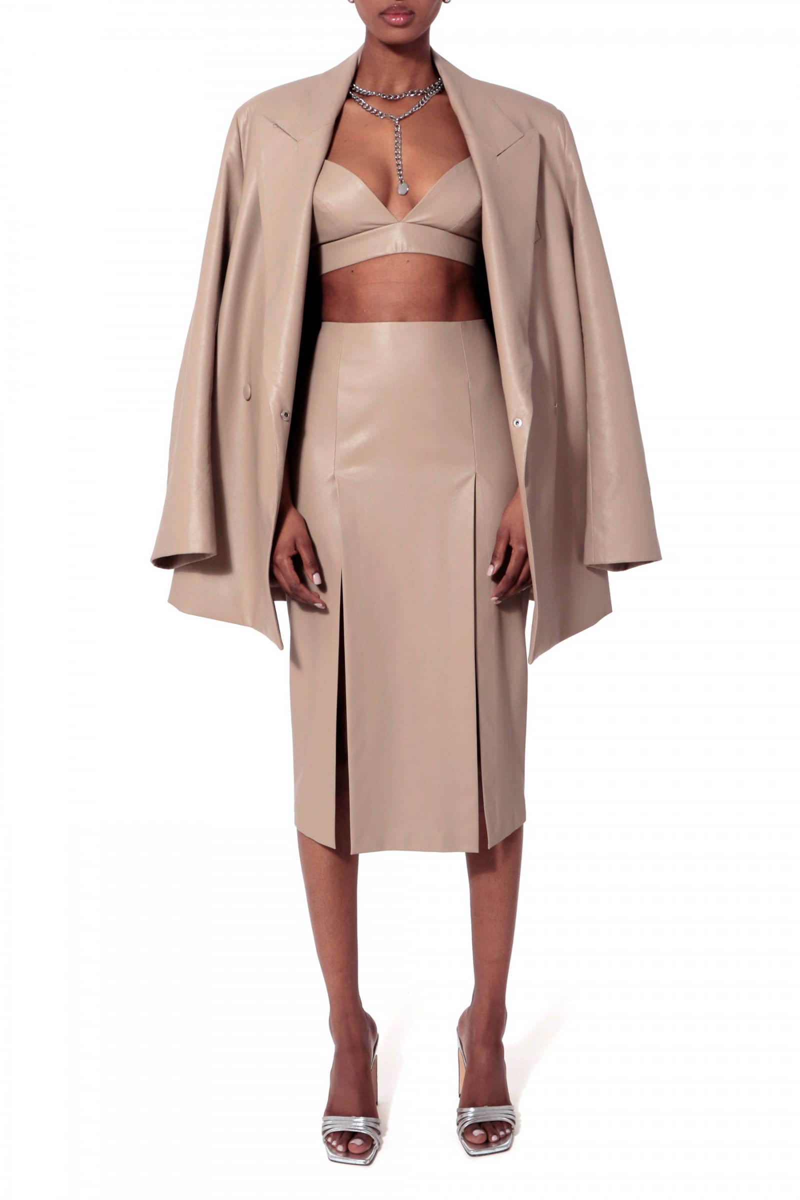 Salma Cool Beige Vegan Leather Skirt made by HALEWSKI