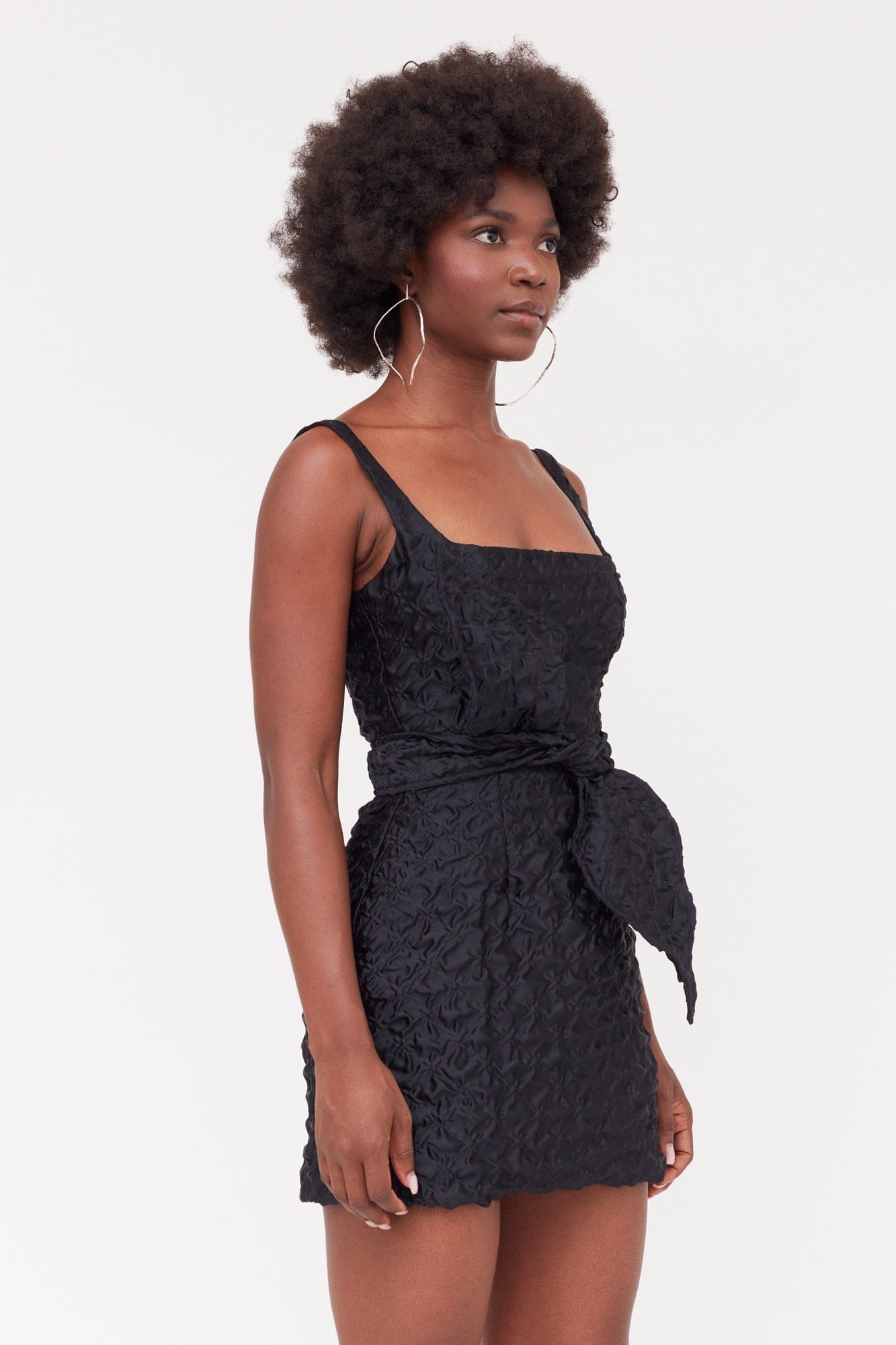 GOLDA Black Textured Fabric Mini Dress With Bow Belt made by UNDRESS