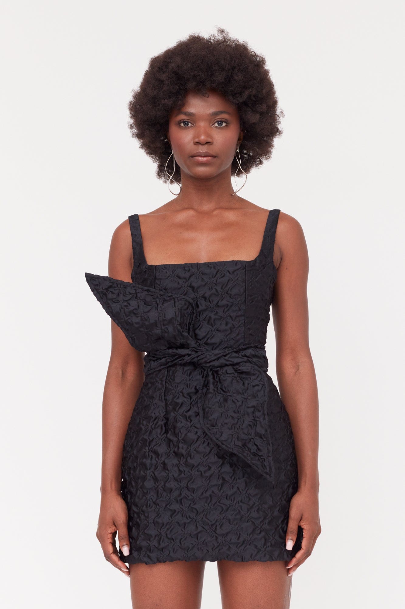 GOLDA Black Textured Fabric Mini Dress With Bow Belt made by UNDRESS