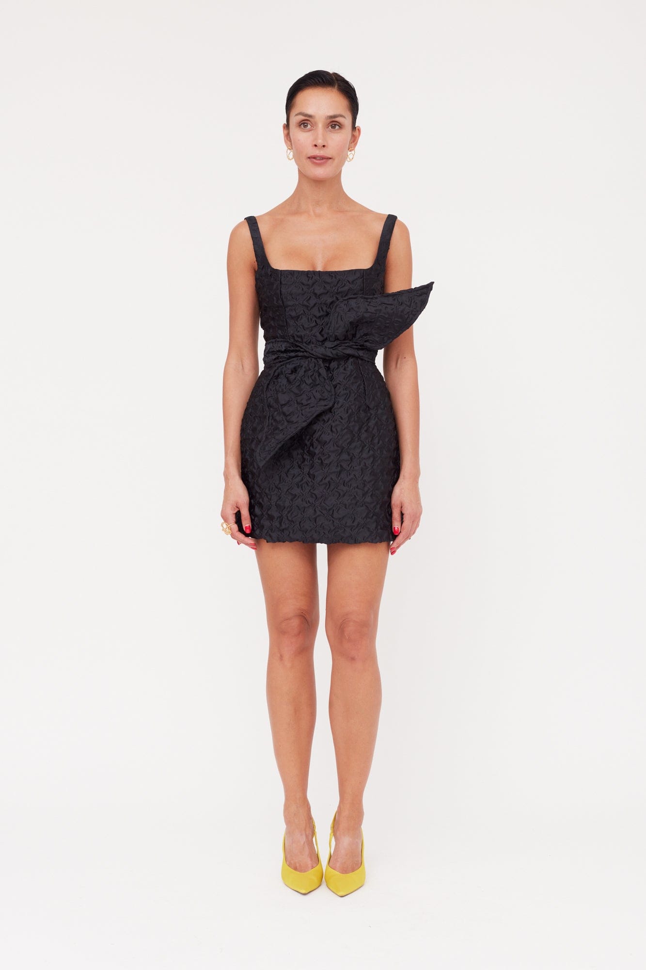 GOLDA Black Textured Fabric Mini Dress With Bow Belt made by UNDRESS