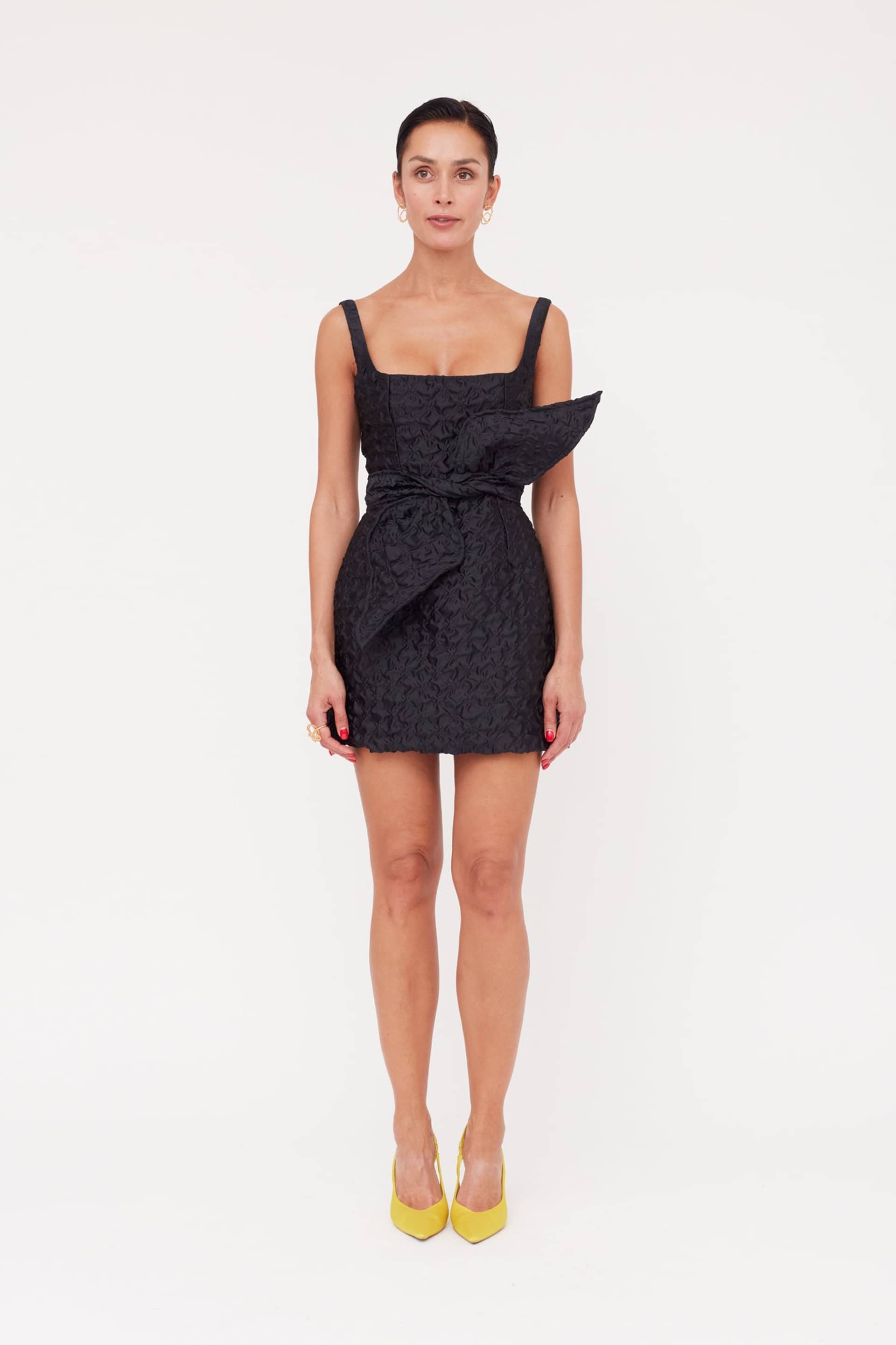 GOLDA Black Textured Fabric Mini Dress With Bow Belt made by UNDRESS