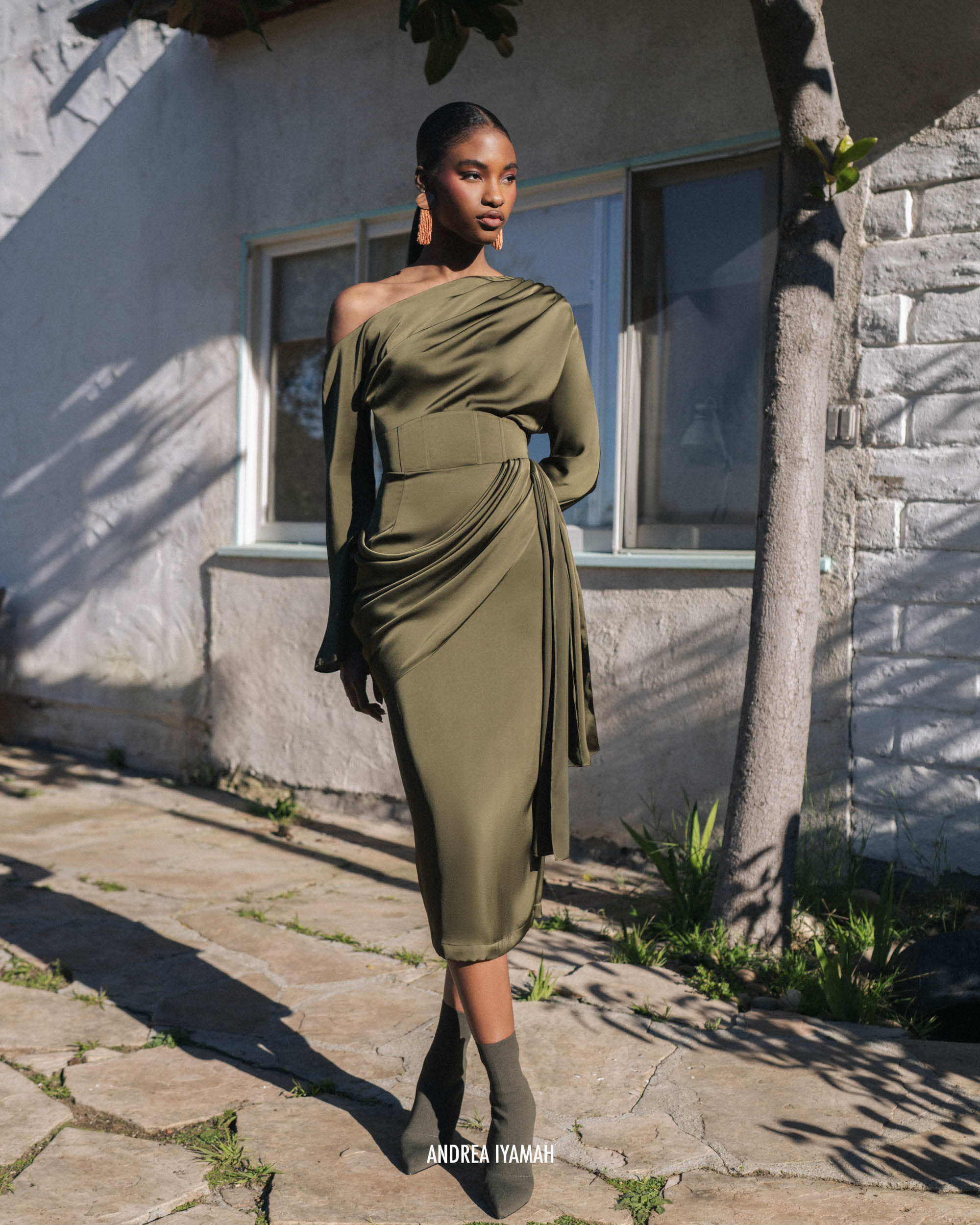 IDO DRAPE MIDI SKIRT - OLIVE made by Andrea Iyamah