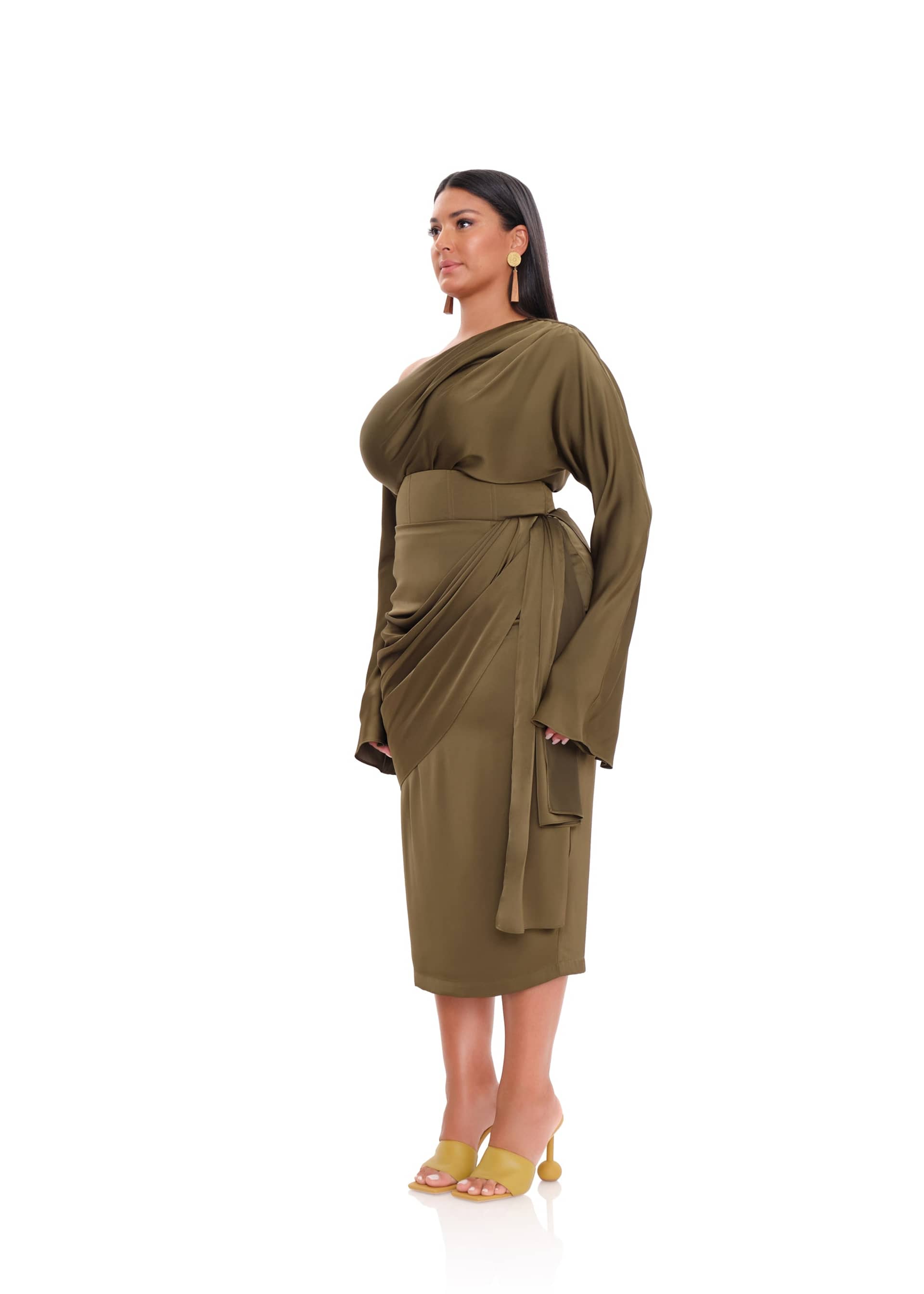 IDO DRAPE MIDI SKIRT - OLIVE made by Andrea Iyamah