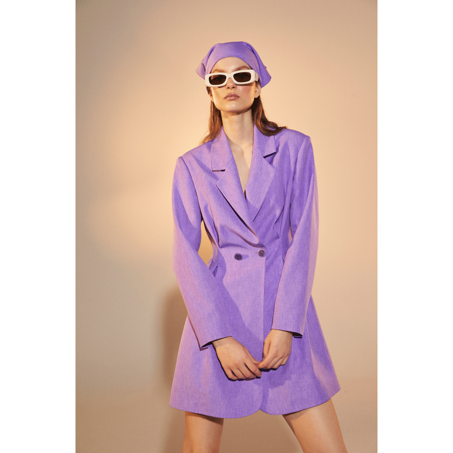 Valerie Shoulder-Padded Blazer Dress in Mauve Mist in Purple made by Nazli Ceren