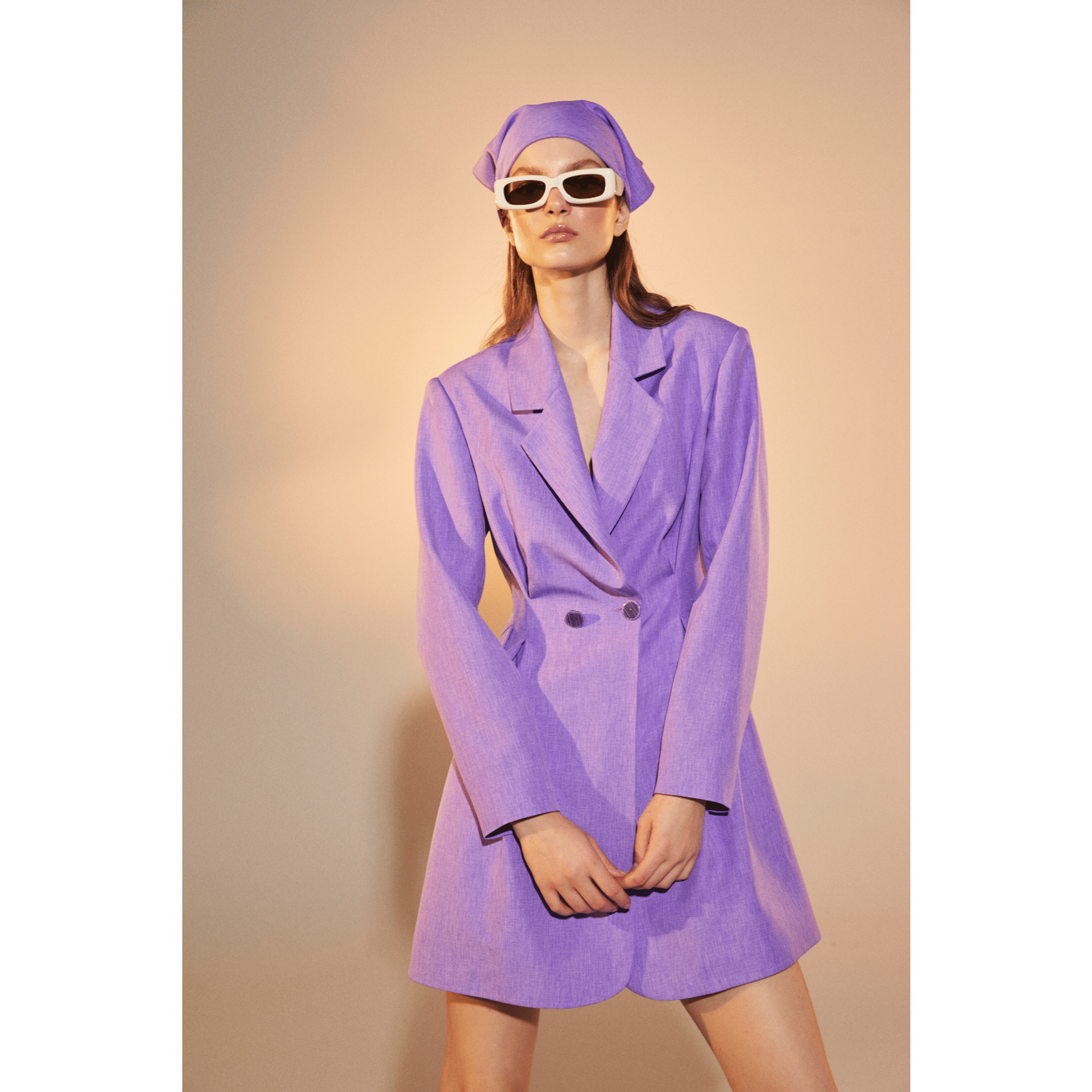 Valerie Shoulder-Padded Blazer Dress in Mauve Mist in Purple made by Nazli Ceren