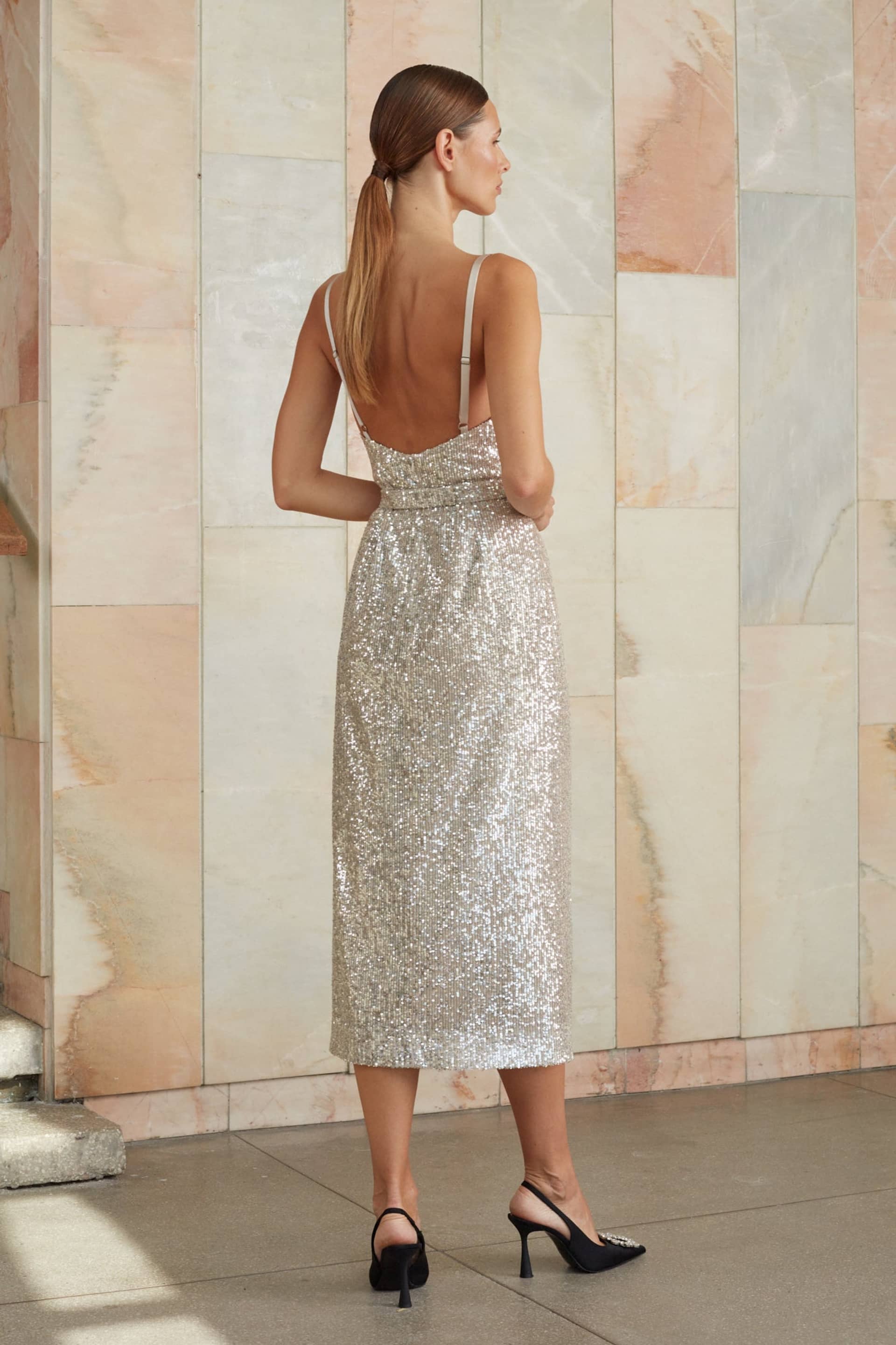 CHLOE silver sequin open back dress made by UNDRESS