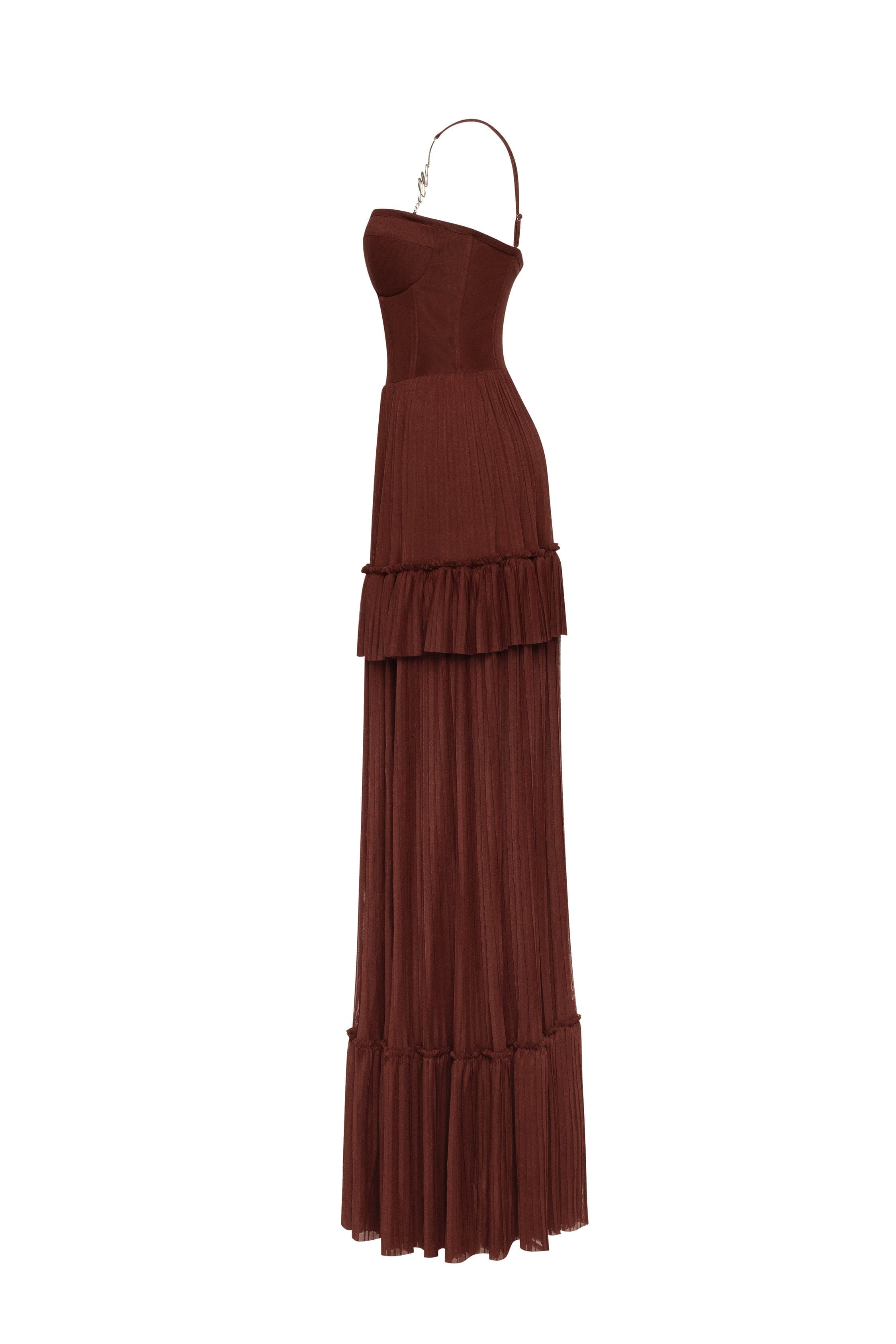 Chocolate spaghetti strap pleated maxi dress, Garden of Eden made by Milla