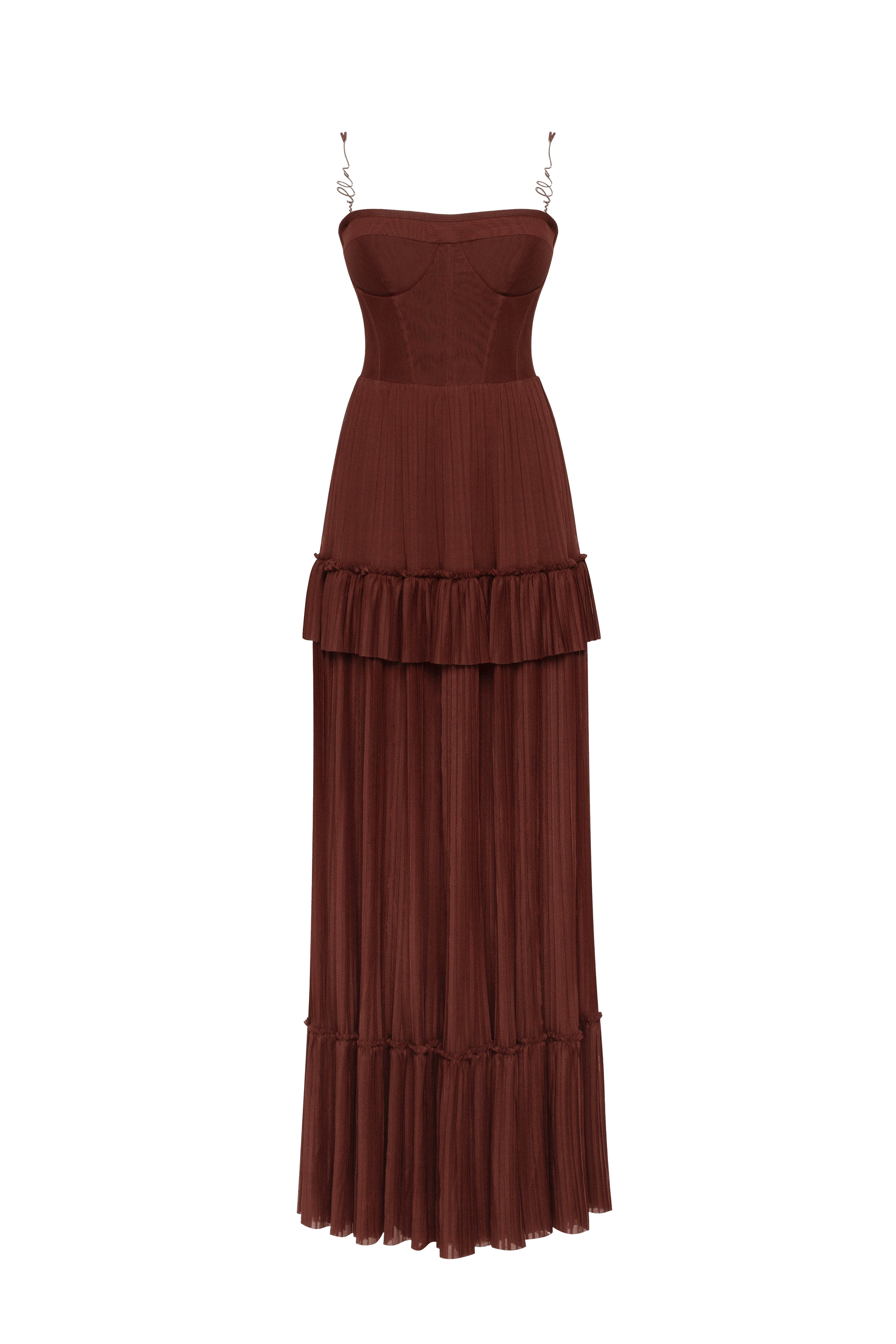 Chocolate spaghetti strap pleated maxi dress, Garden of Eden made by Milla