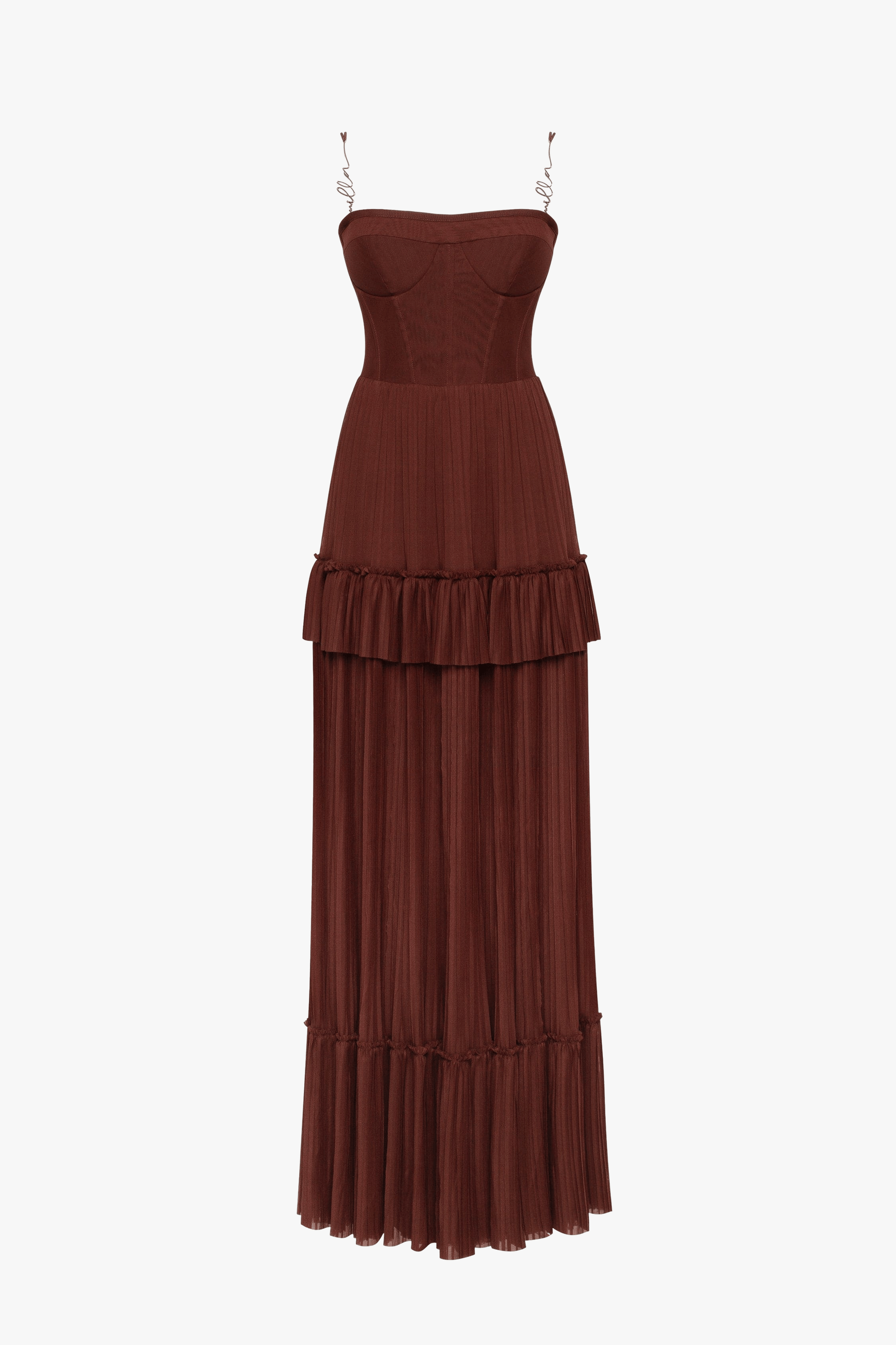 Chocolate spaghetti strap pleated maxi dress, Garden of Eden made by Milla