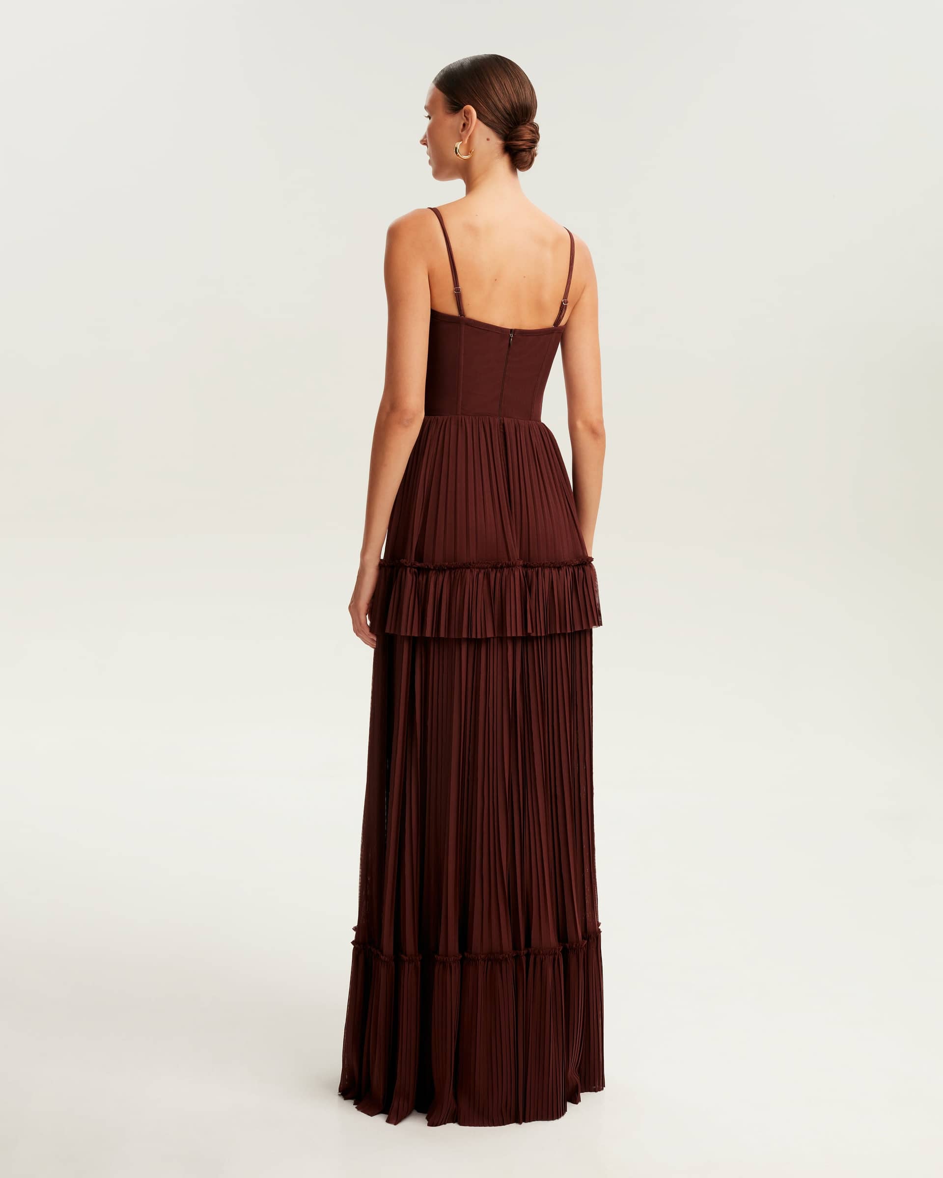 Chocolate spaghetti strap pleated maxi dress, Garden of Eden made by Milla