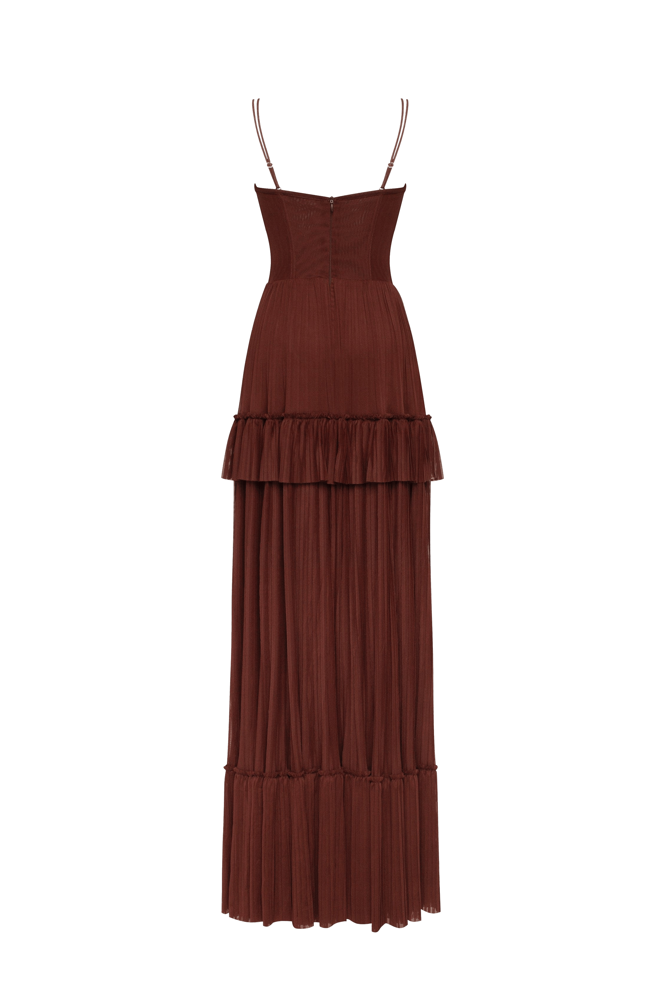 Chocolate spaghetti strap pleated maxi dress, Garden of Eden made by Milla