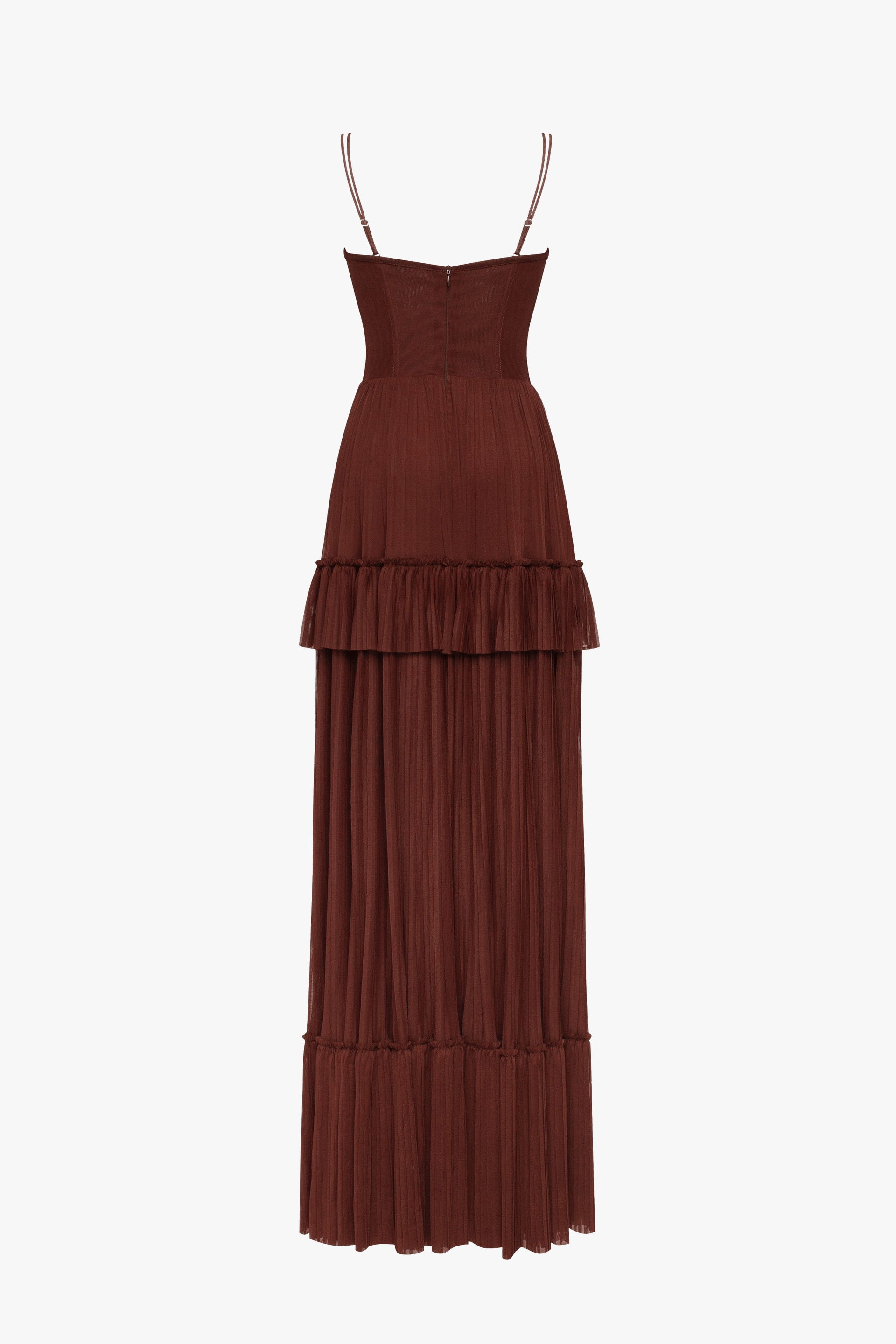 Chocolate spaghetti strap pleated maxi dress, Garden of Eden made by Milla