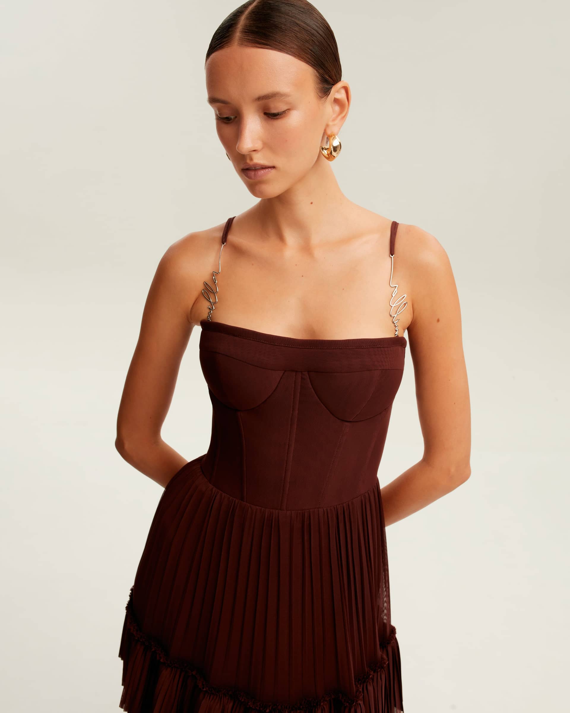 Chocolate spaghetti strap pleated maxi dress, Garden of Eden made by Milla
