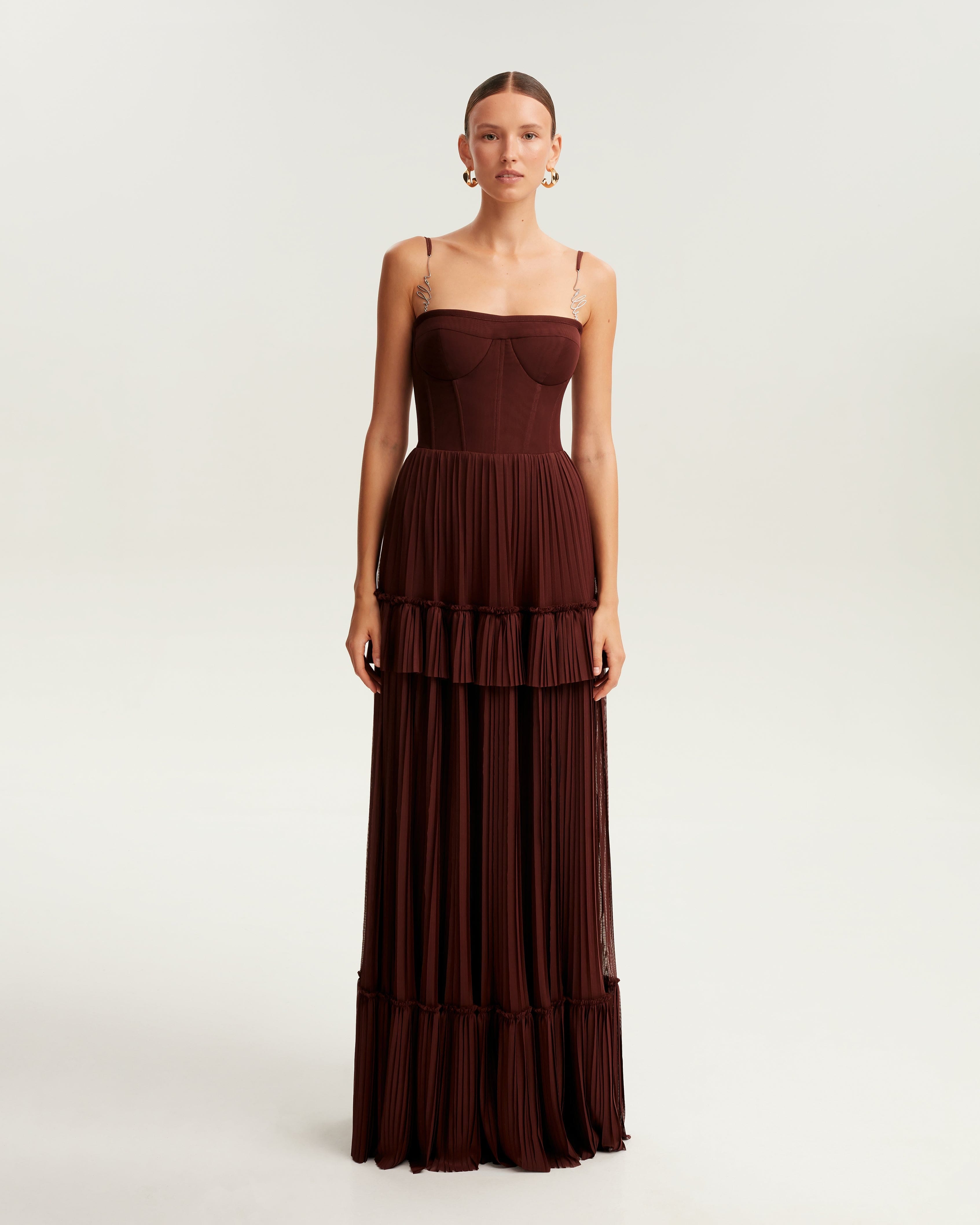 Chocolate spaghetti strap pleated maxi dress, Garden of Eden made by Milla