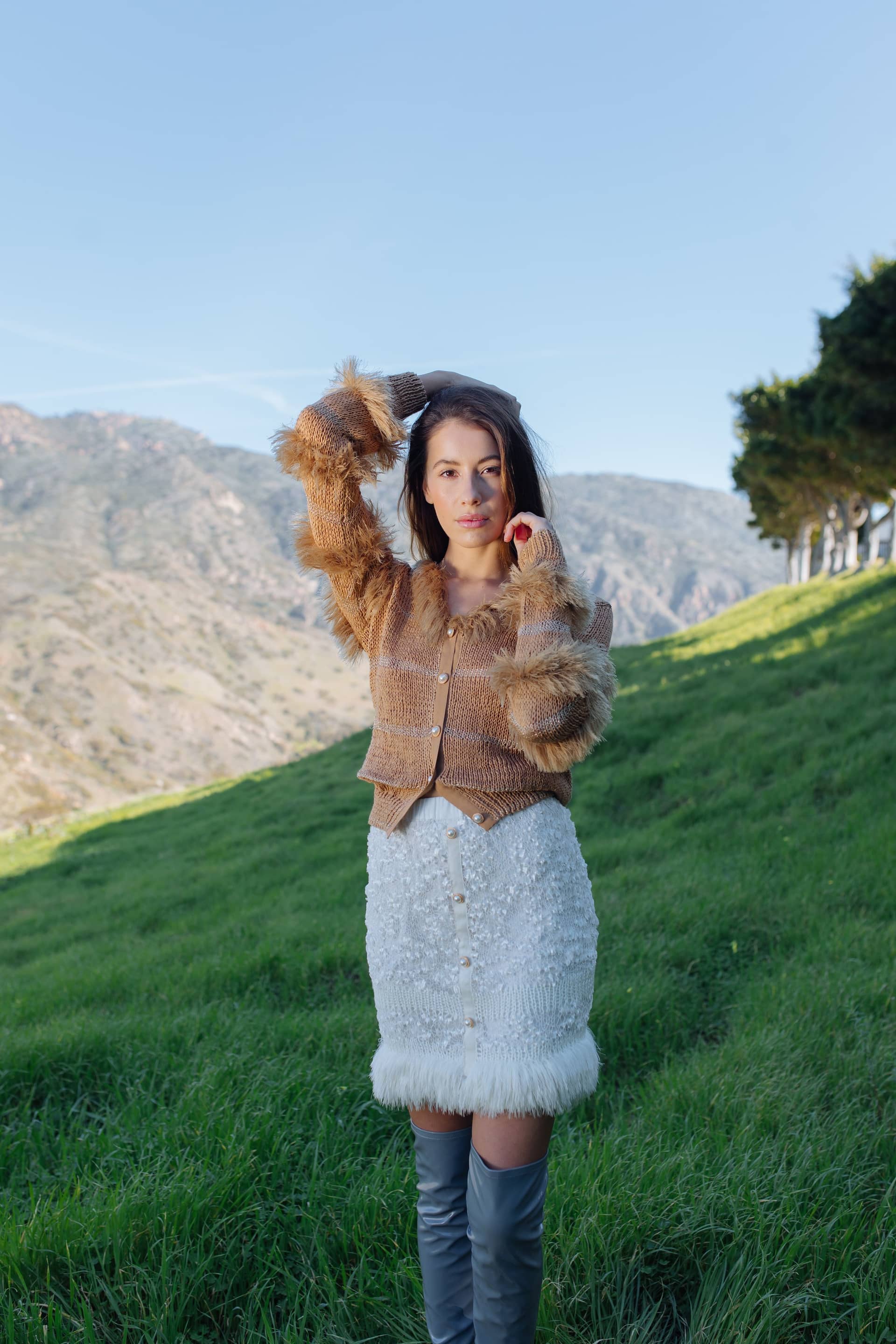 Brown Sundown Handmade Knit Sweater With Pearl Buttons in Brown made by ANDREEVA