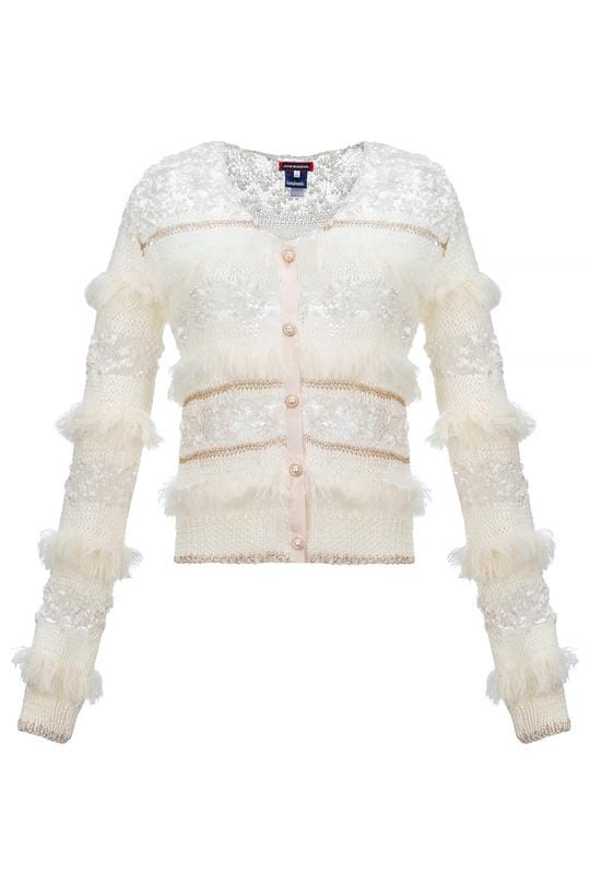 Brown Sundown Handmade Knit Sweater With Pearl Buttons in White made by ANDREEVA