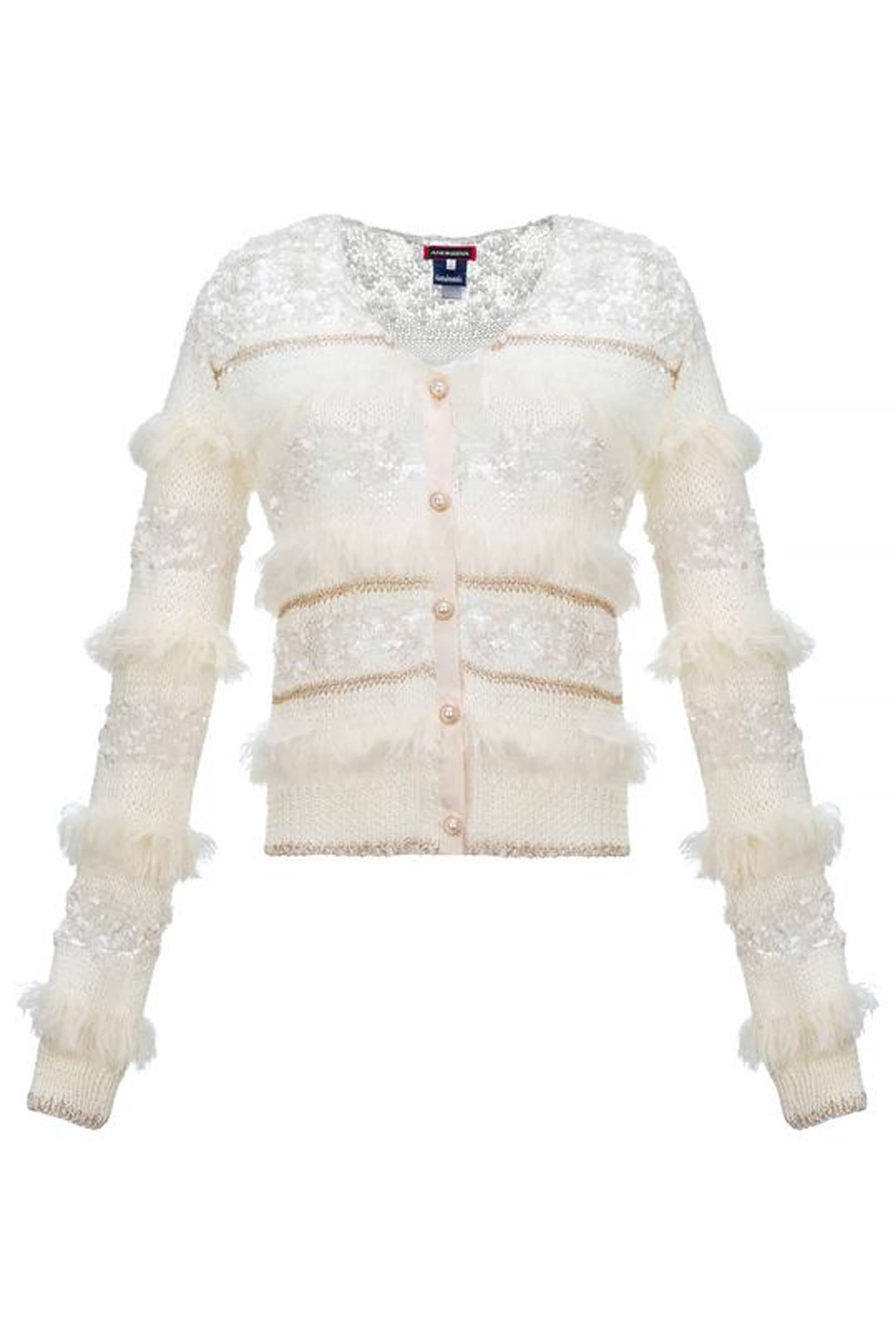 Brown Sundown Handmade Knit Sweater With Pearl Buttons in White made by ANDREEVA