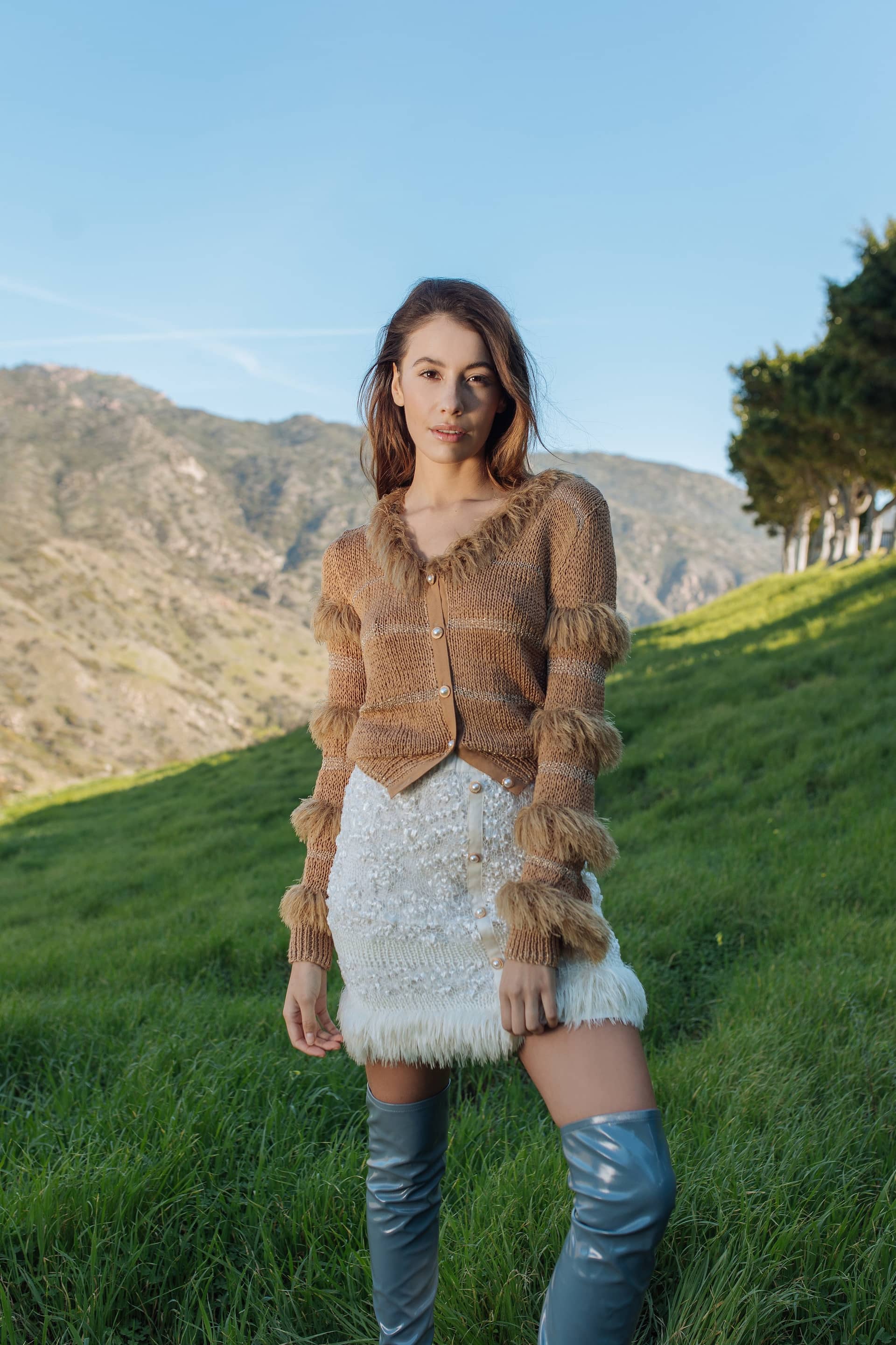 Brown Sundown Handmade Knit Sweater With Pearl Buttons in Brown made by ANDREEVA