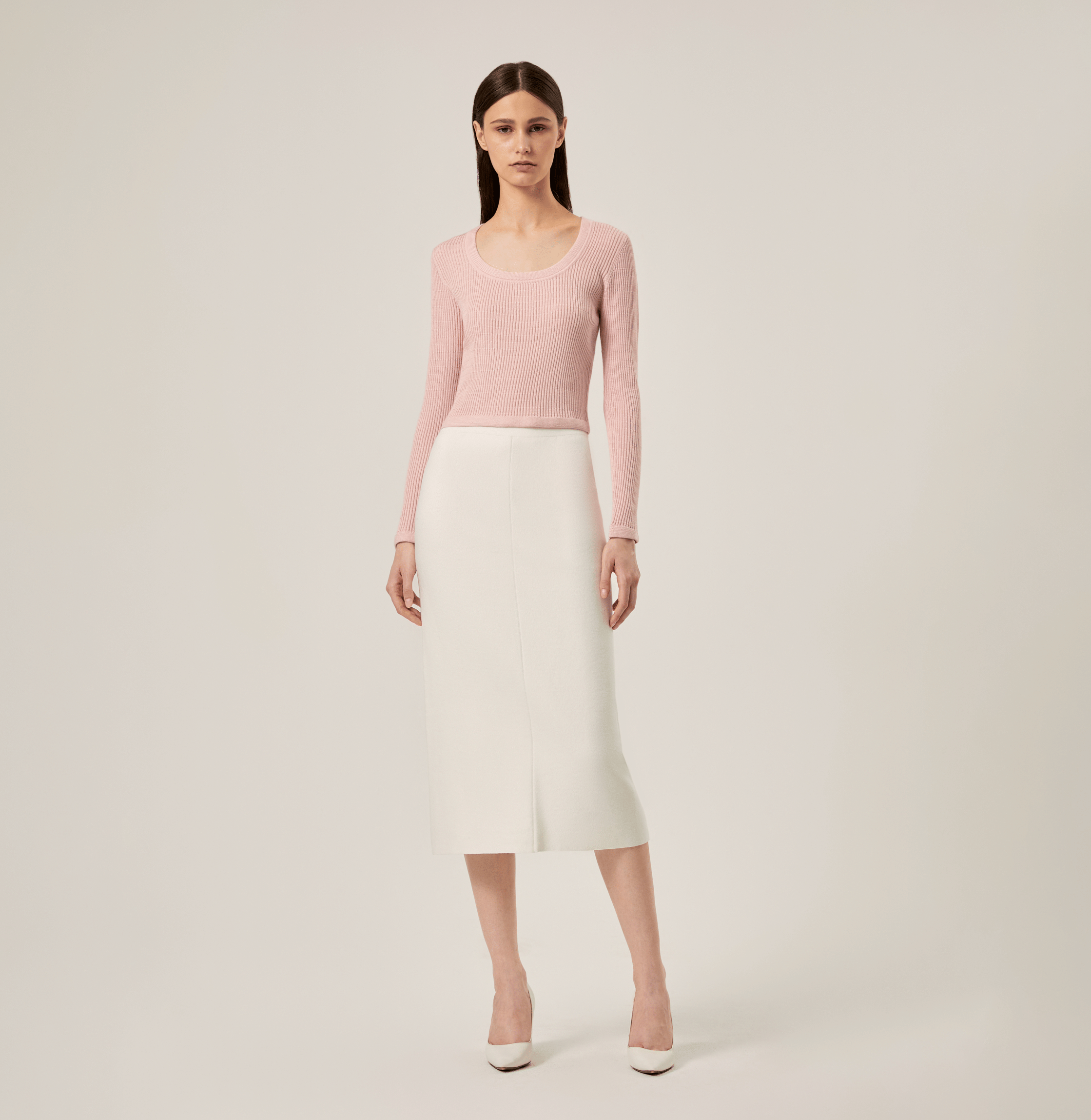 SILK CASHMERE CABLE-KNIT U-NECK SWEATER in Pink made by CRUSH Collection