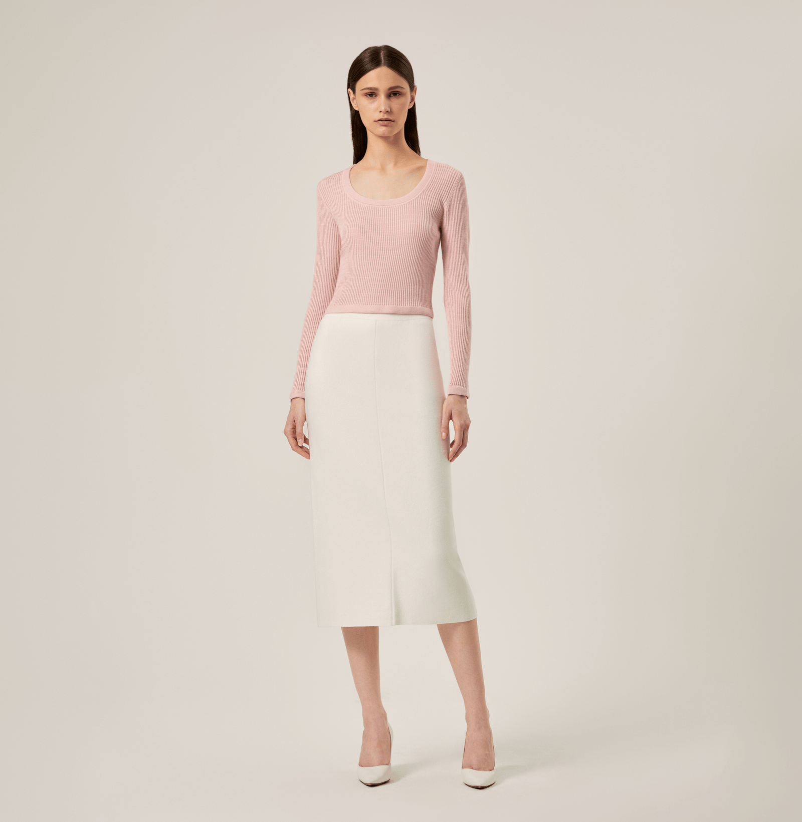 SILK CASHMERE CABLE-KNIT U-NECK SWEATER in Pink made by CRUSH Collection