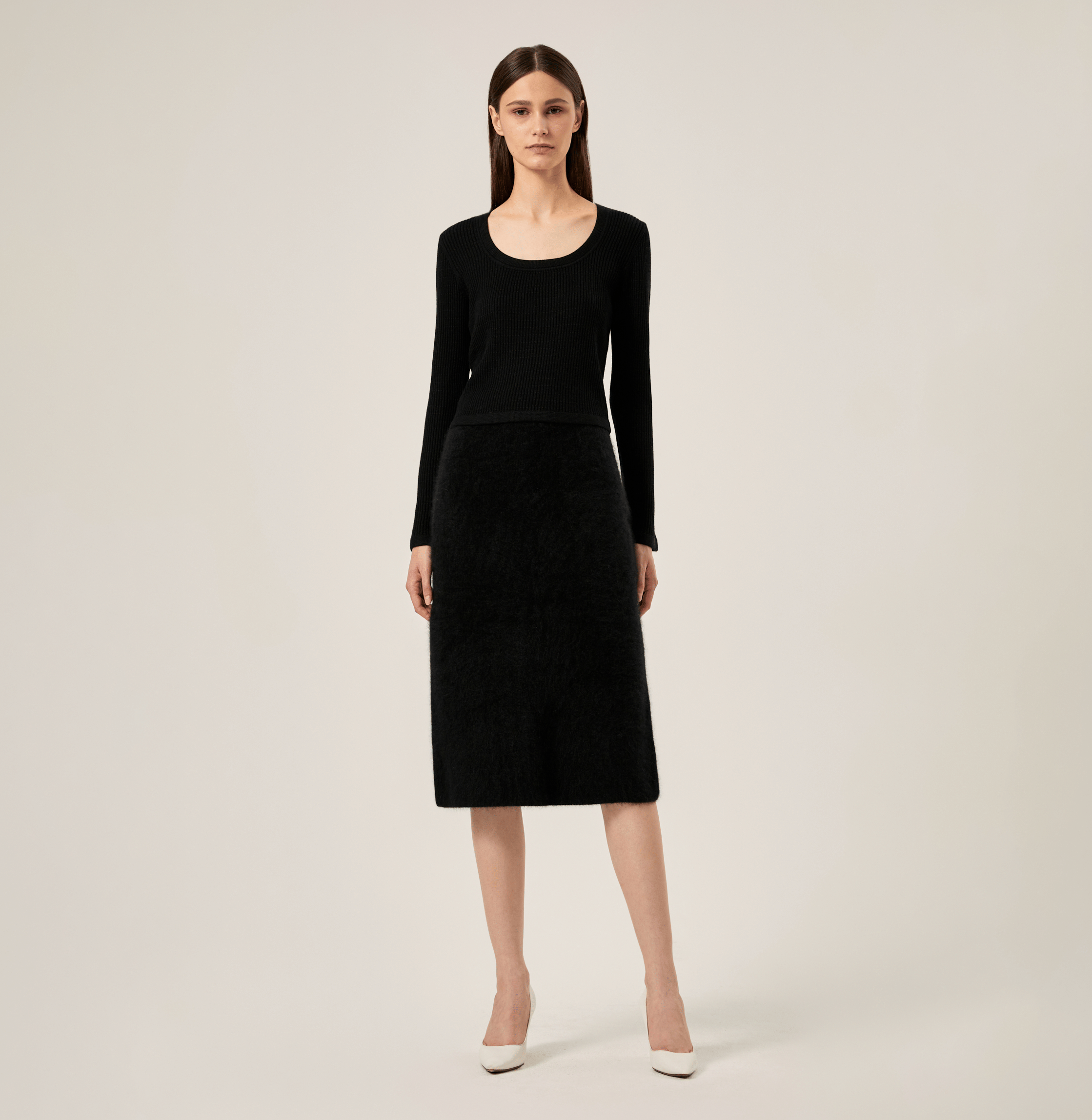 SILK CASHMERE CABLE-KNIT U-NECK SWEATER in Black made by CRUSH Collection