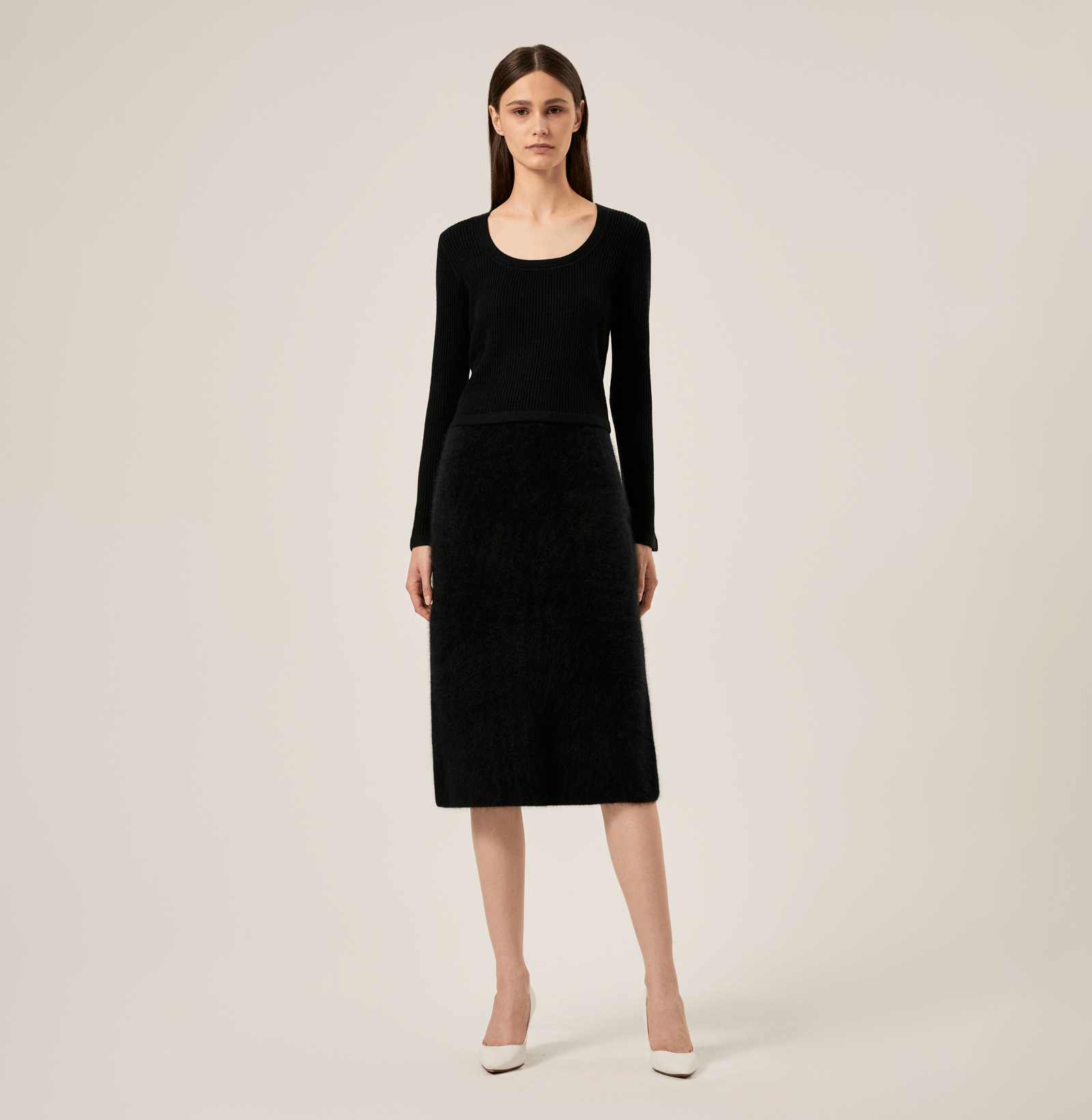 SILK CASHMERE CABLE-KNIT U-NECK SWEATER in Black made by CRUSH Collection