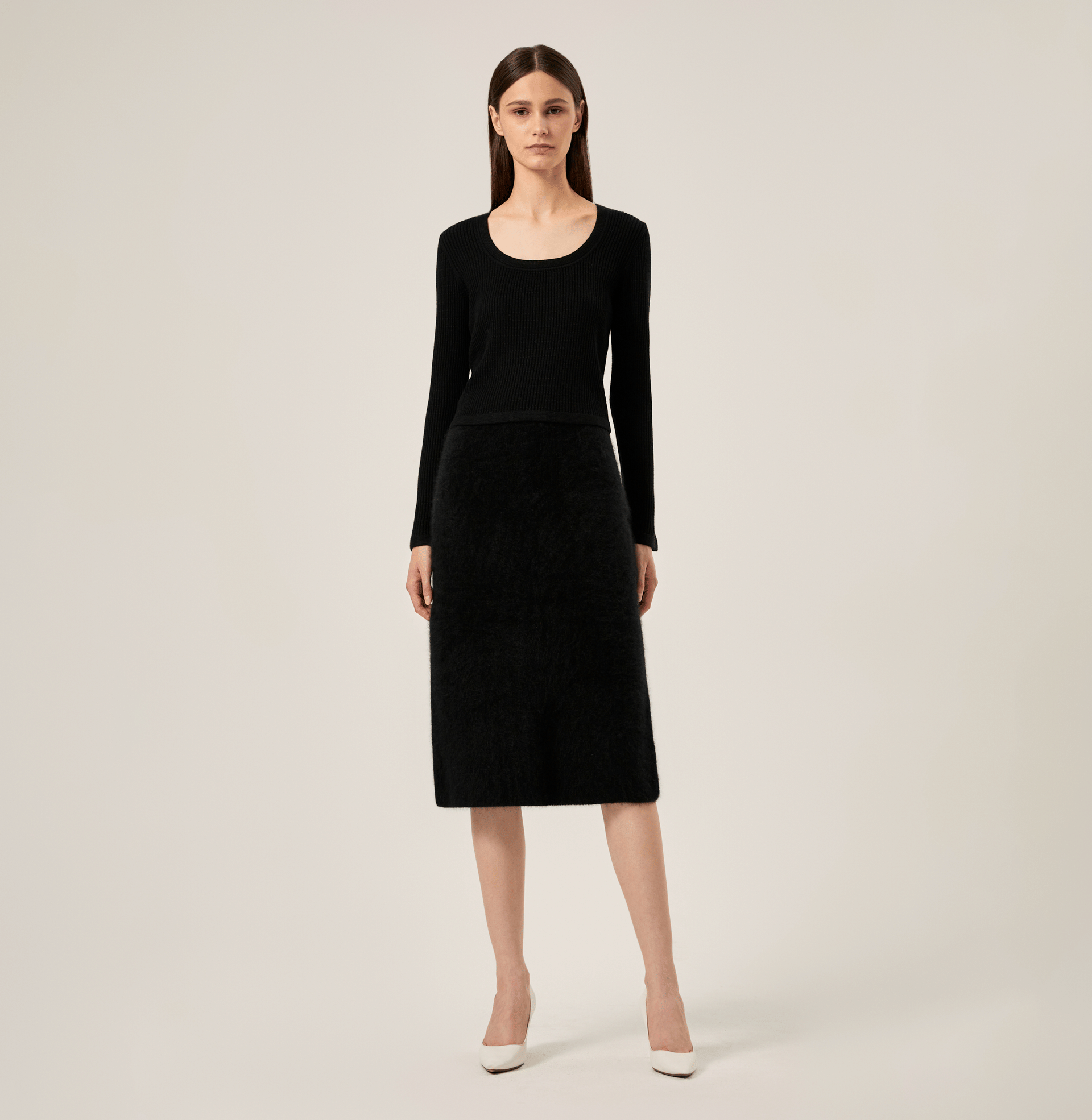 SILK CASHMERE CABLE-KNIT U-NECK SWEATER in Black made by CRUSH Collection