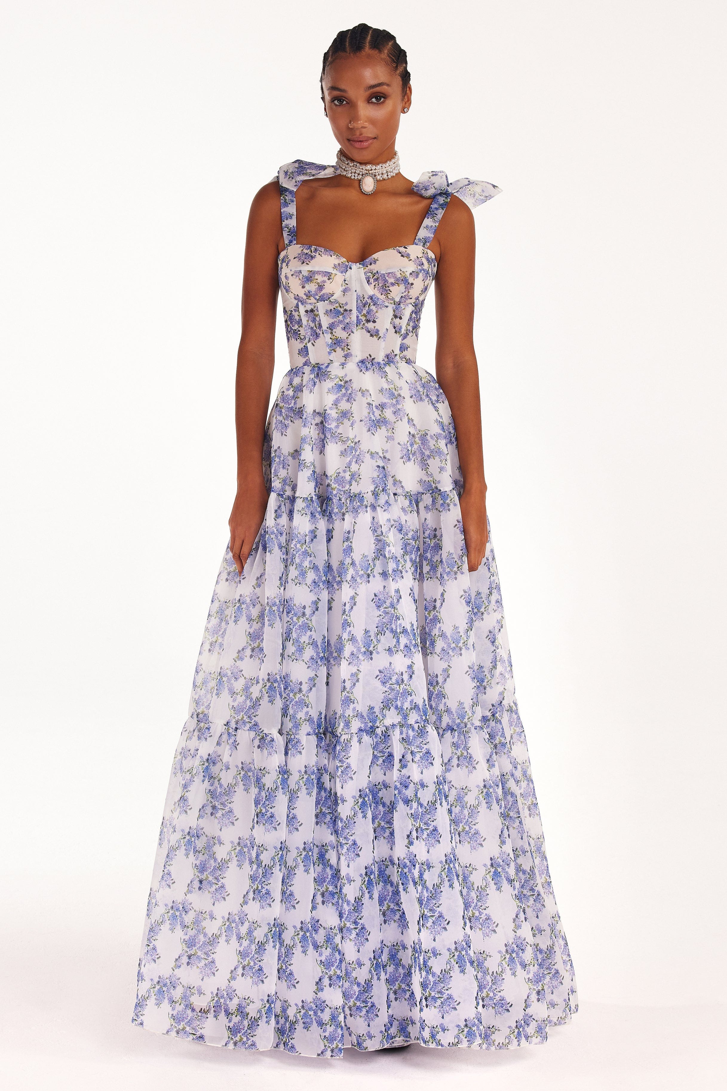 Blue Hydrangea tender tie-strap maxi dress made by Milla