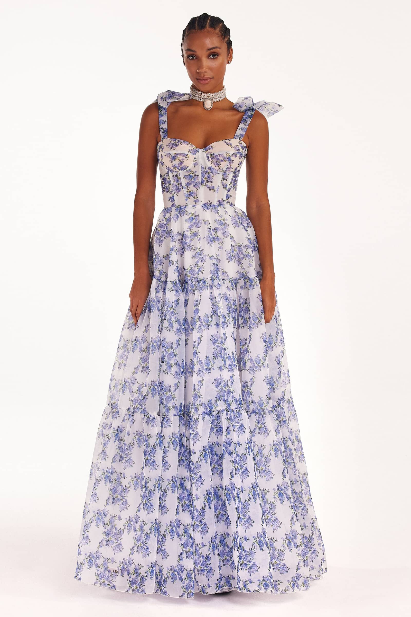 Blue Hydrangea tender tie-strap maxi dress made by Milla