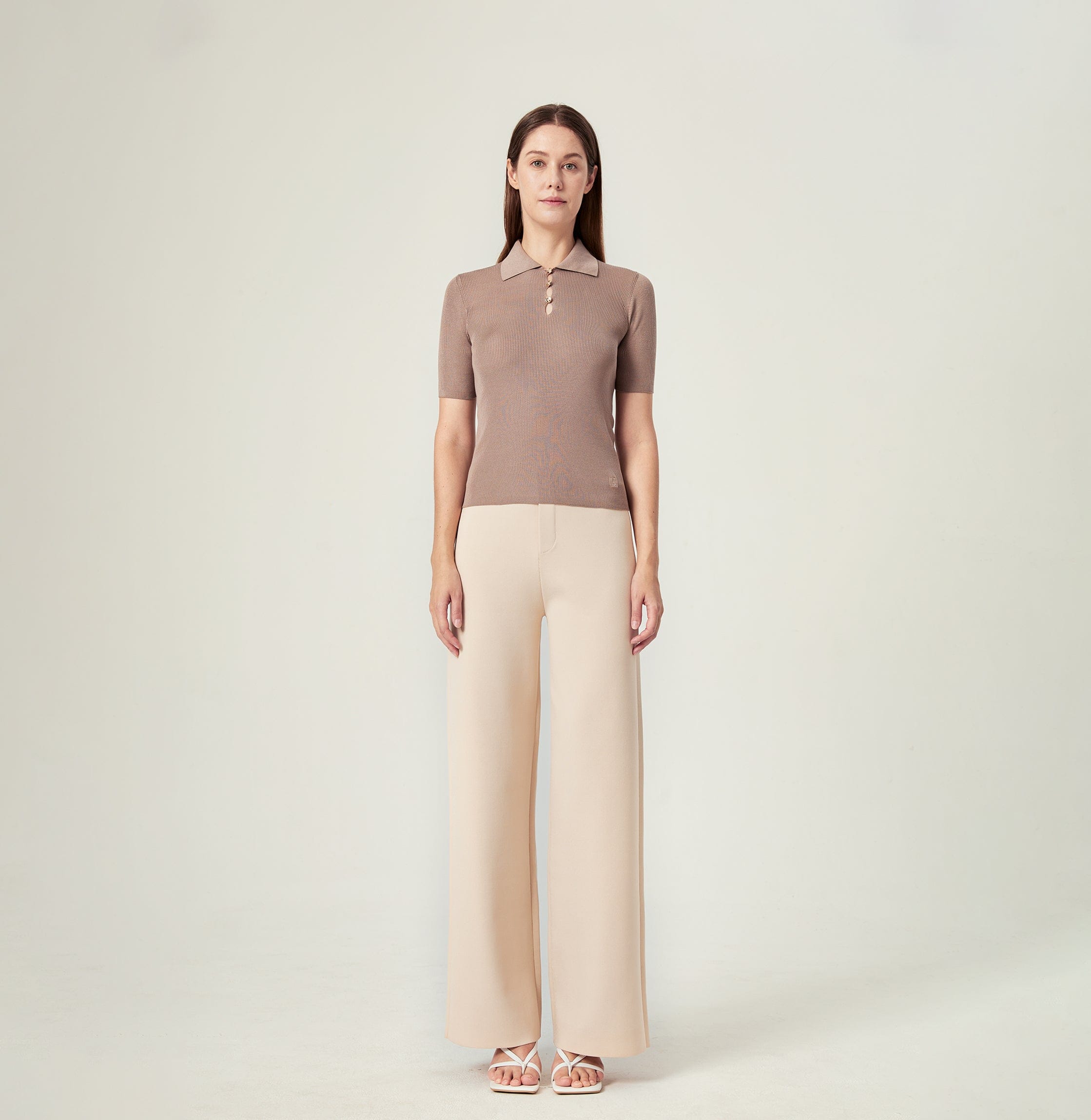 BUTTON-EMBELLISHED SILK LAPEL POLO SHIRT in Brown made by CRUSH Collection