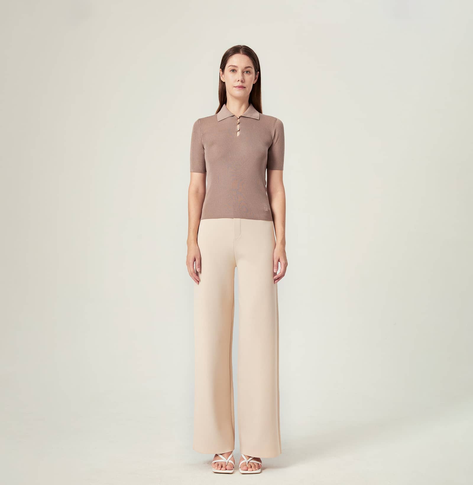 BUTTON-EMBELLISHED SILK LAPEL POLO SHIRT in Brown made by CRUSH Collection