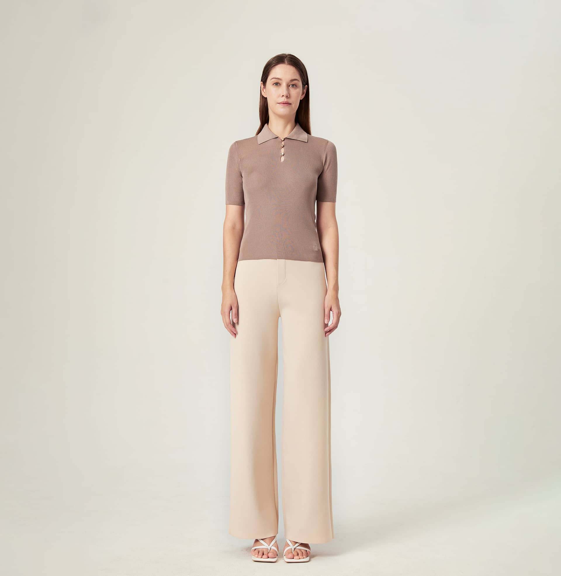 BUTTON-EMBELLISHED SILK LAPEL POLO SHIRT in Brown made by CRUSH Collection