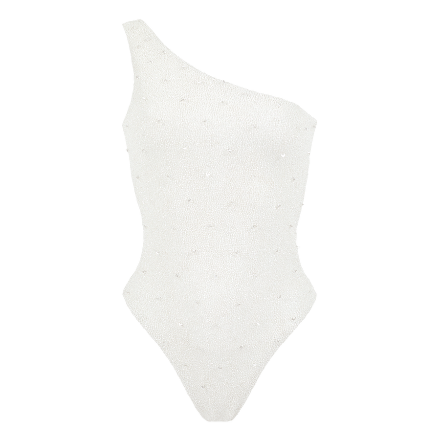Ariel One Shoulder White Beaded Swimsuit in White made by Oceanus Swimwear