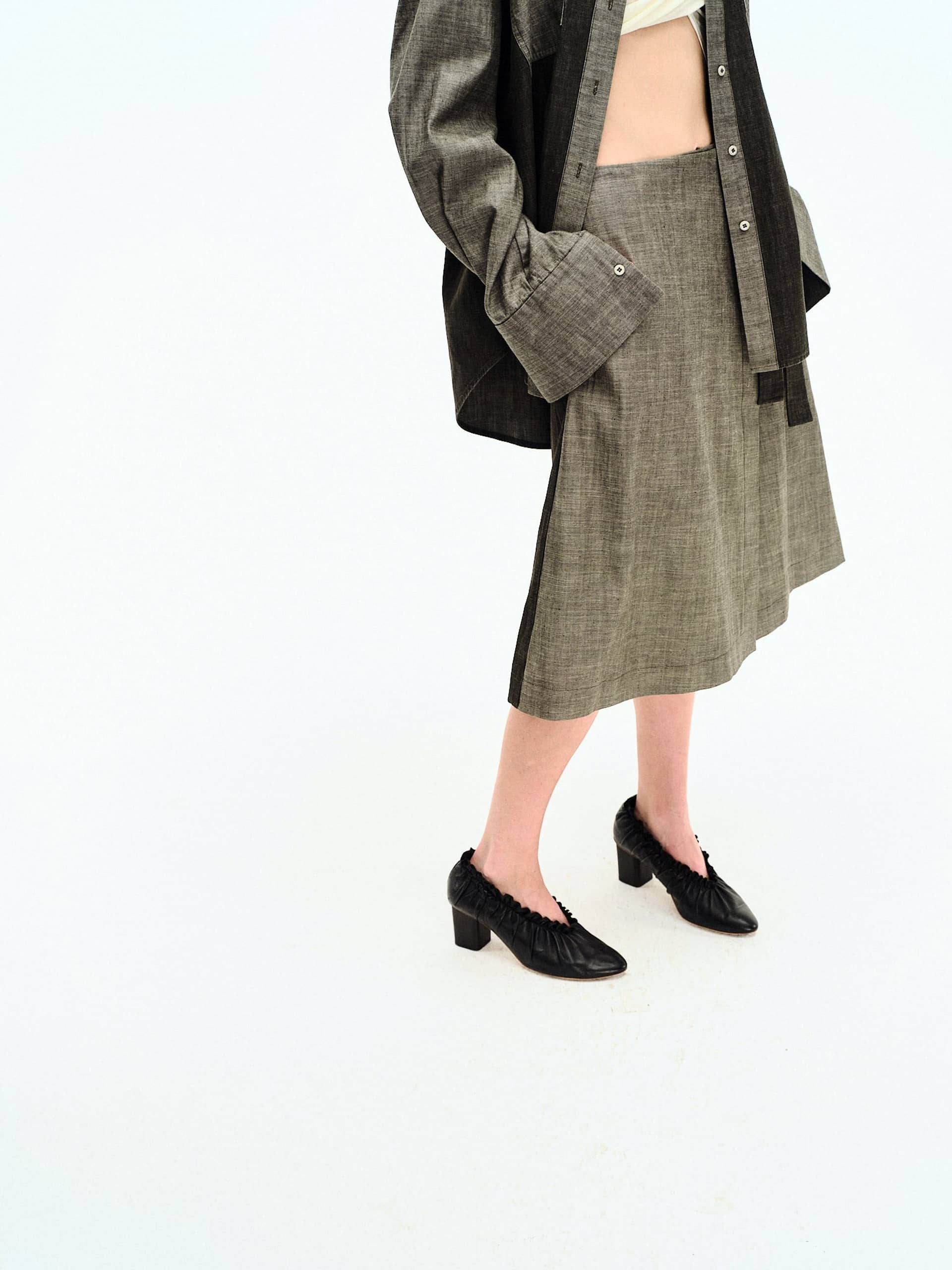 CHARCOAL DENIM WRAP SKIRT made by YIBRI